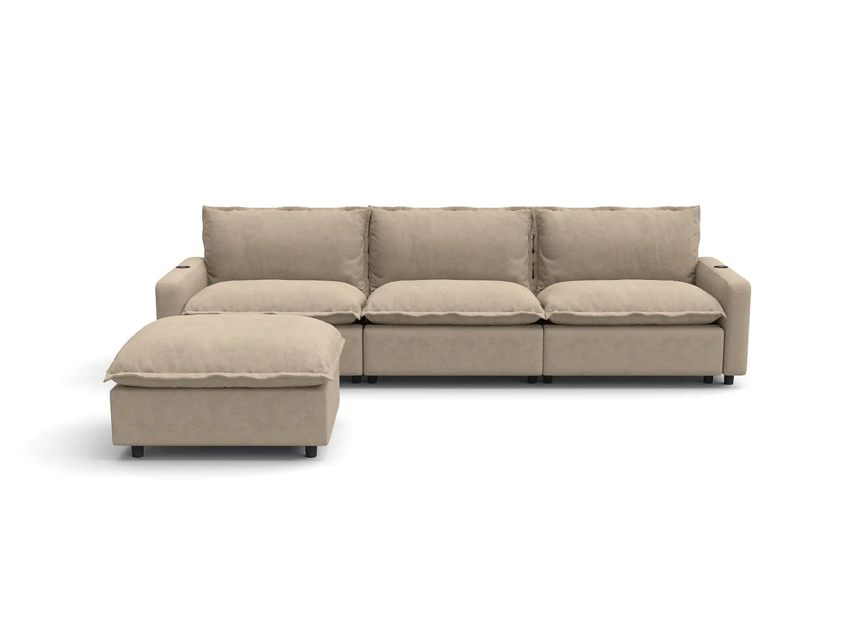 Modular Cero Reclining Sectionals | 4-Piece Khaki Linen Home Living L-Shaped Sectionals 3-Seater with 1-Ottoman