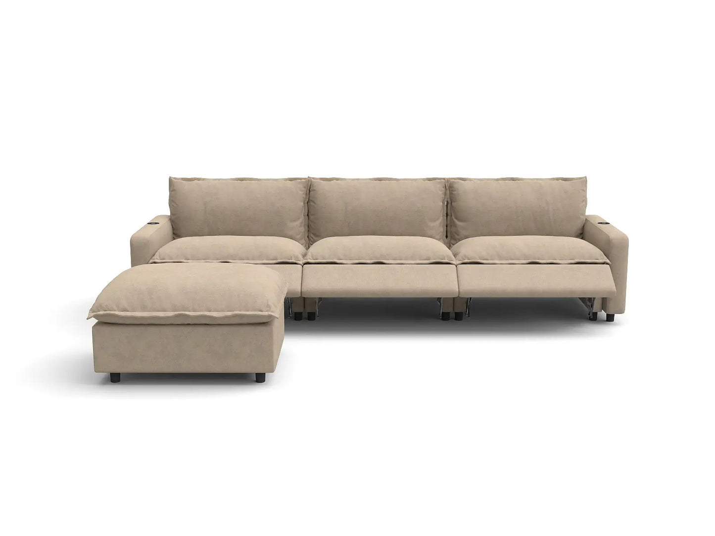 Modular Cero Reclining Sectionals | 4-Piece Khaki Linen Home Living L-Shaped Sectionals 3-Seater with 1-Ottoman