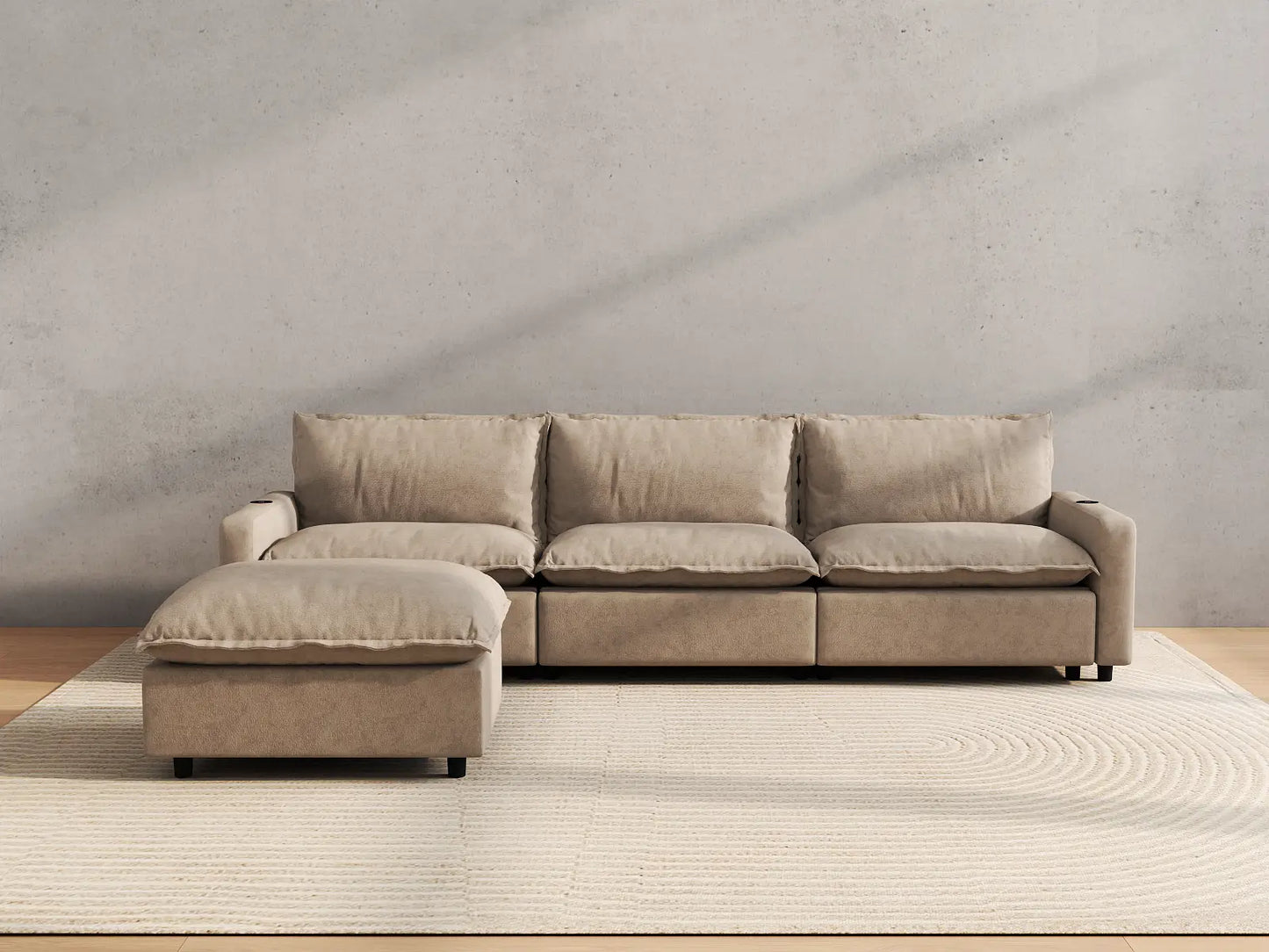 Modular Cero Reclining Sectionals | 4-Piece Khaki Linen Home Living L-Shaped Sectionals 3-Seater with 1-Ottoman