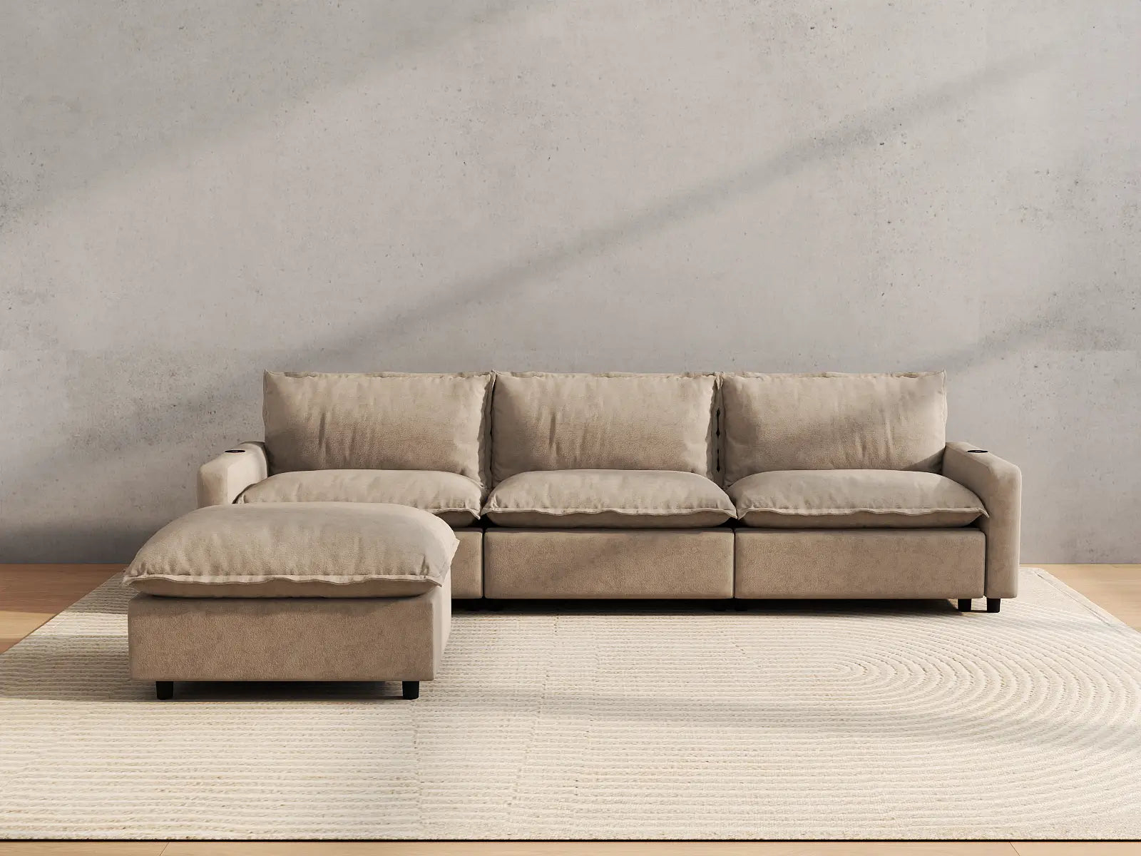 Modular Cero Power Reclining Sectional with Chaise | 4-Piece Khaki Linen Home Living L-Shaped Sectionals 3-Seater with 1-Ottoman