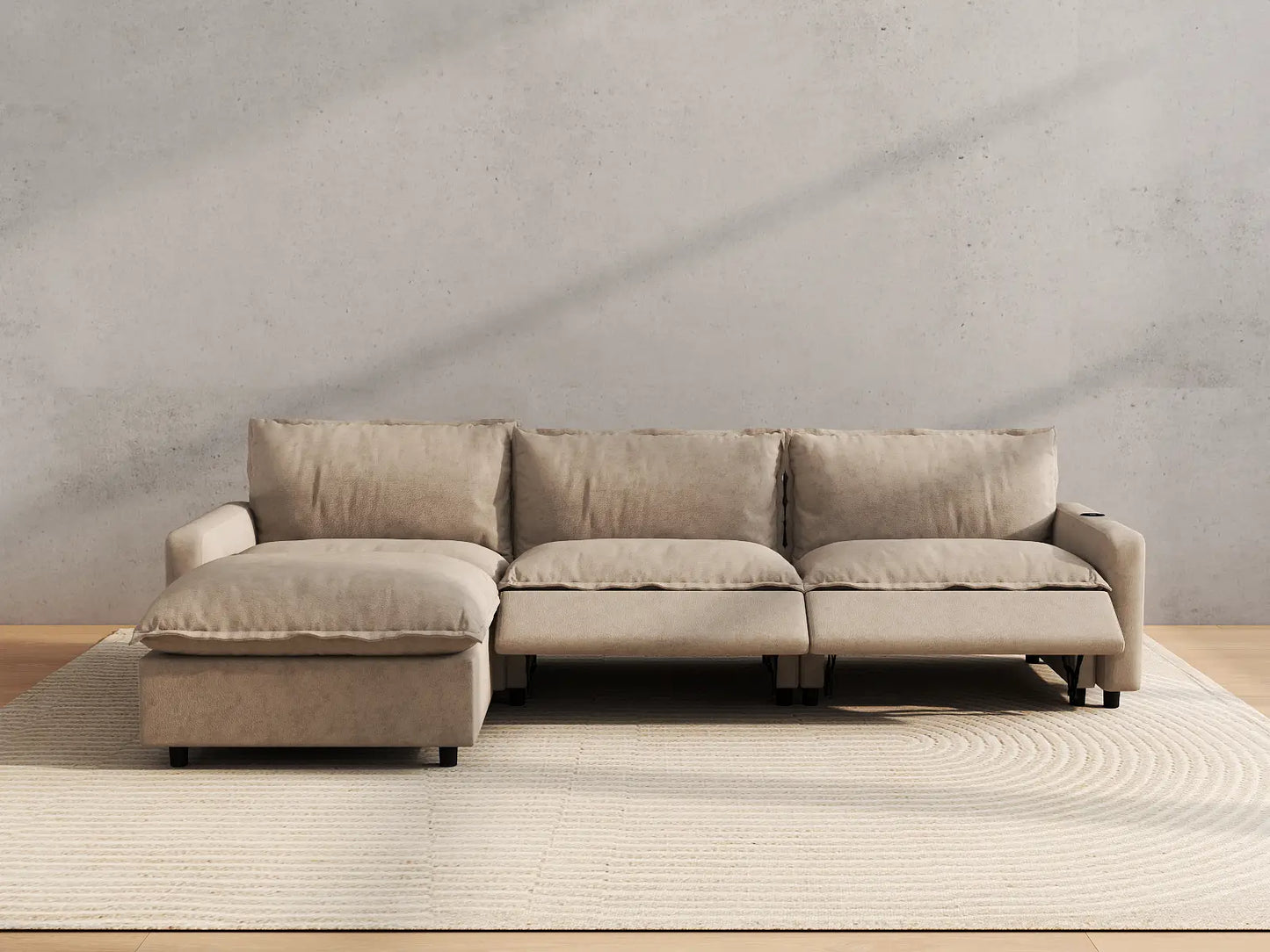 Modular Cero Reclining Sectionals | 4-Piece Khaki Linen Home Living L-Shaped Sectionals 3-Seater with 1-Ottoman