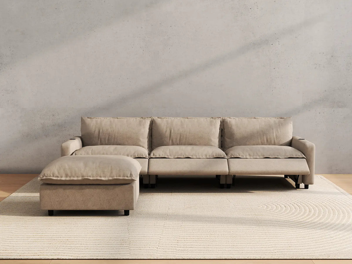 Modular Cero Reclining Sectionals | 4-Piece Khaki Linen Home Living L-Shaped Sectionals 3-Seater with 1-Ottoman