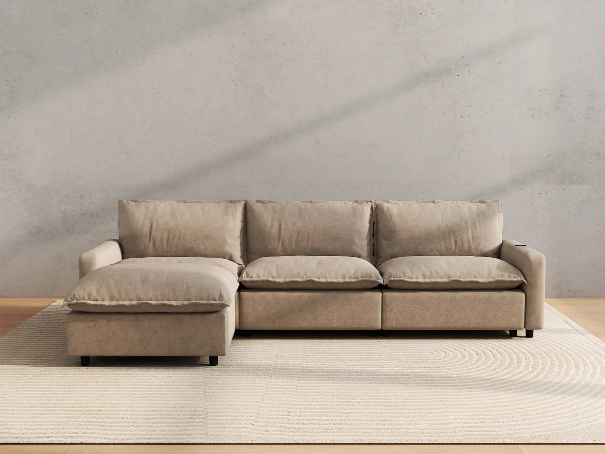 Modular Cero Reclining Sectionals | 4-Piece Khaki Linen Home Living L-Shaped Sectionals 3-Seater with 1-Ottoman