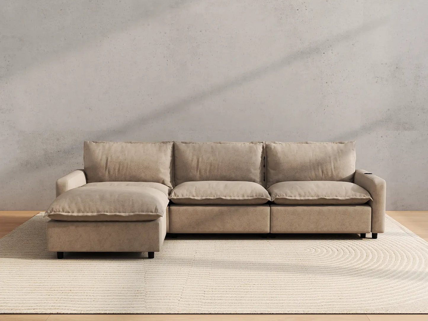 Modular Cero Reclining Sectionals | 4-Piece Khaki Linen Home Living L-Shaped Sectionals 3-Seater with 1-Ottoman