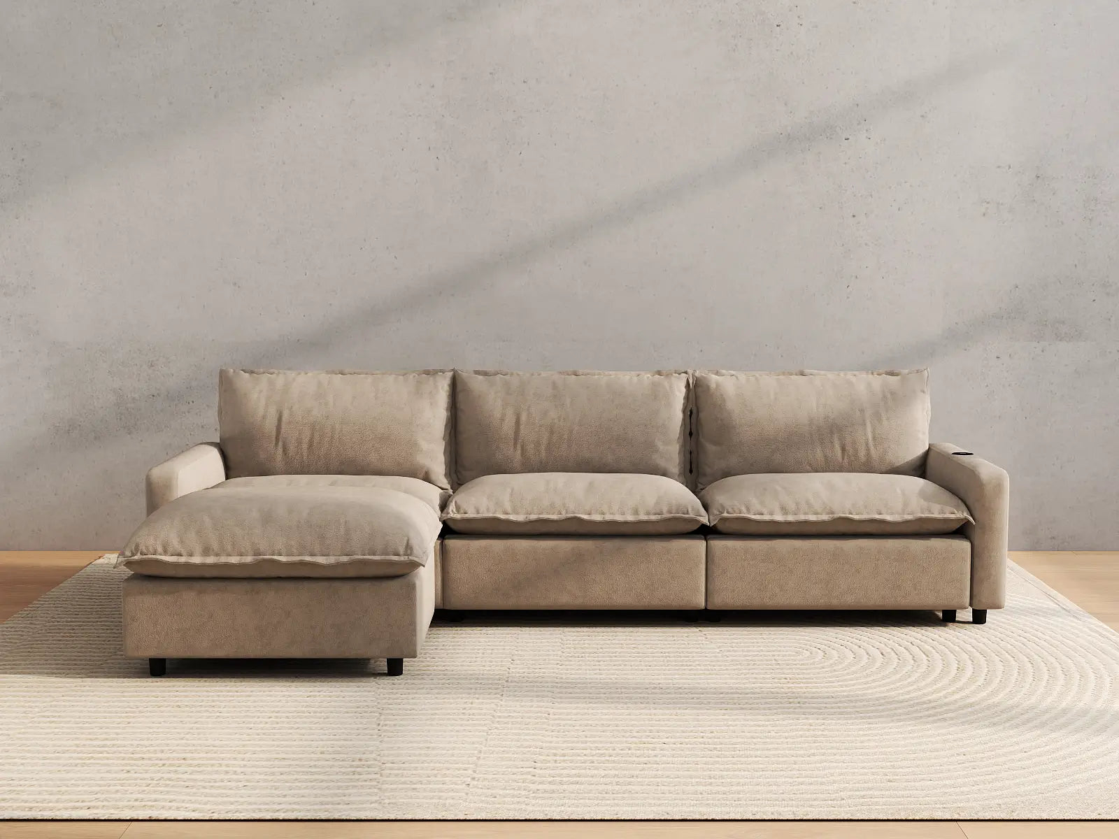 Modular Cero Sectional Recliner with Chaise | 4-Piece Khaki Linen Home Living L-Shaped Sectionals 3-Seater with 1-Ottoman