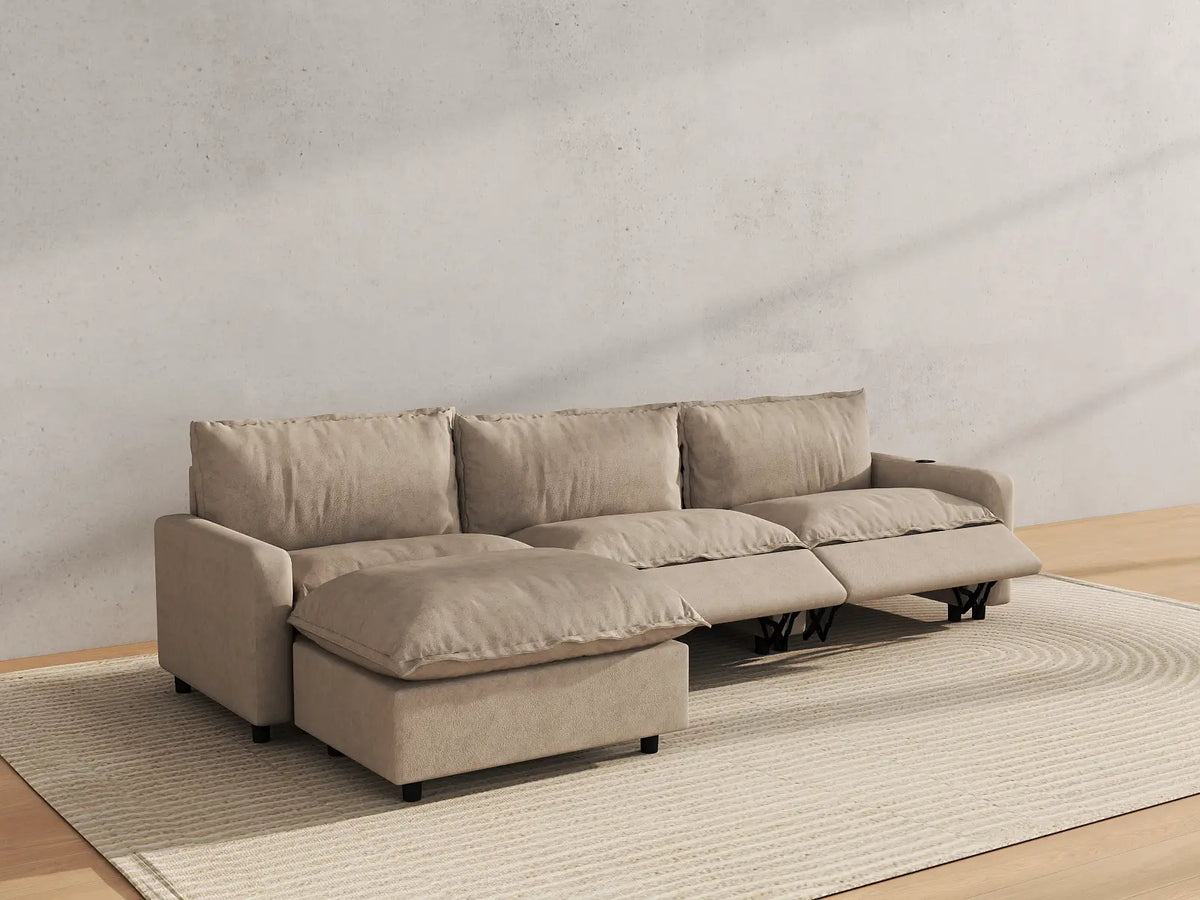 Modular Cero Reclining Sectionals | 4-Piece Khaki Linen Home Living L-Shaped Sectionals 3-Seater with 1-Ottoman