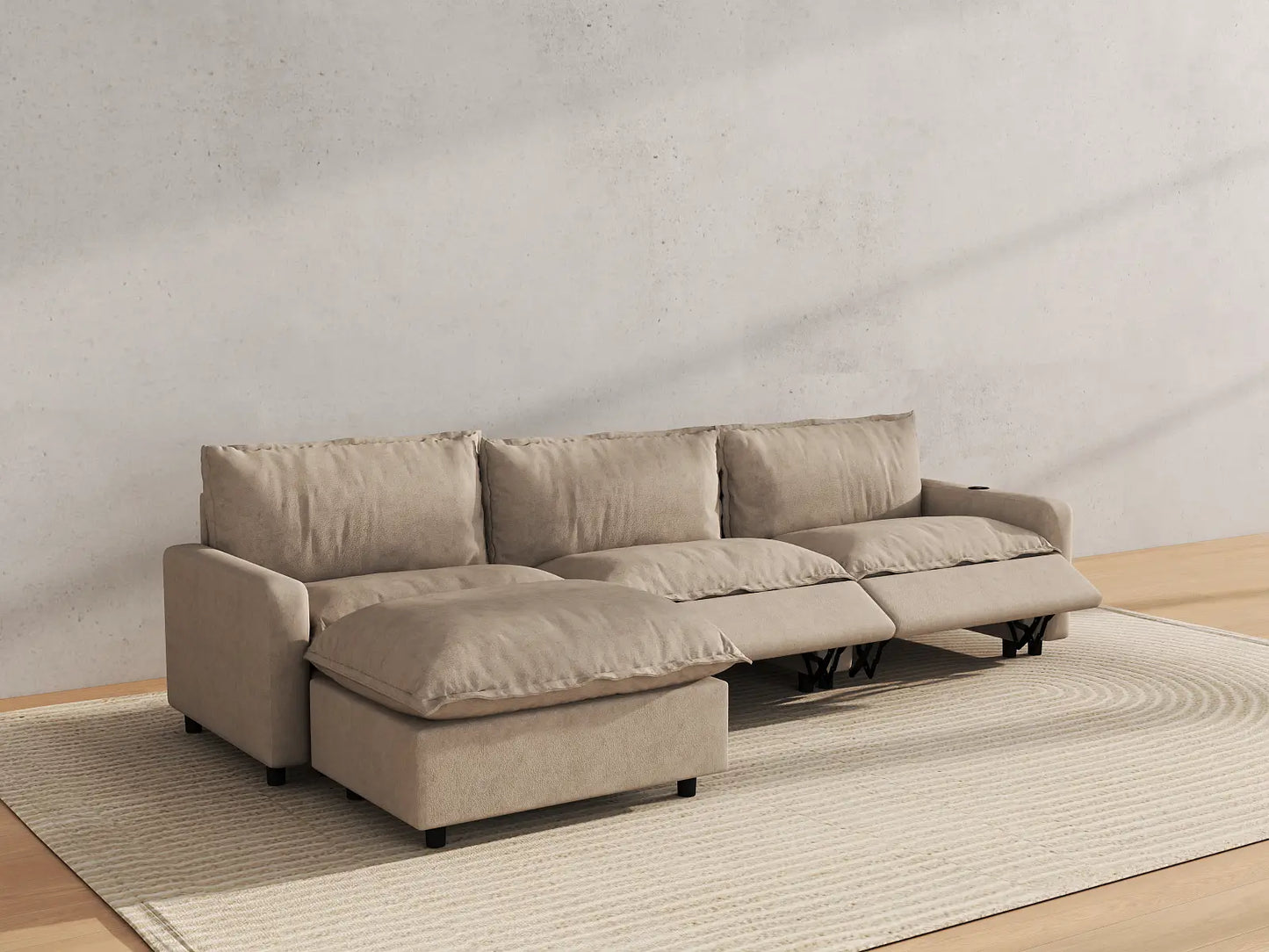 Modular Cero Reclining Sectionals | 4-Piece Khaki Linen Home Living L-Shaped Sectionals 3-Seater with 1-Ottoman