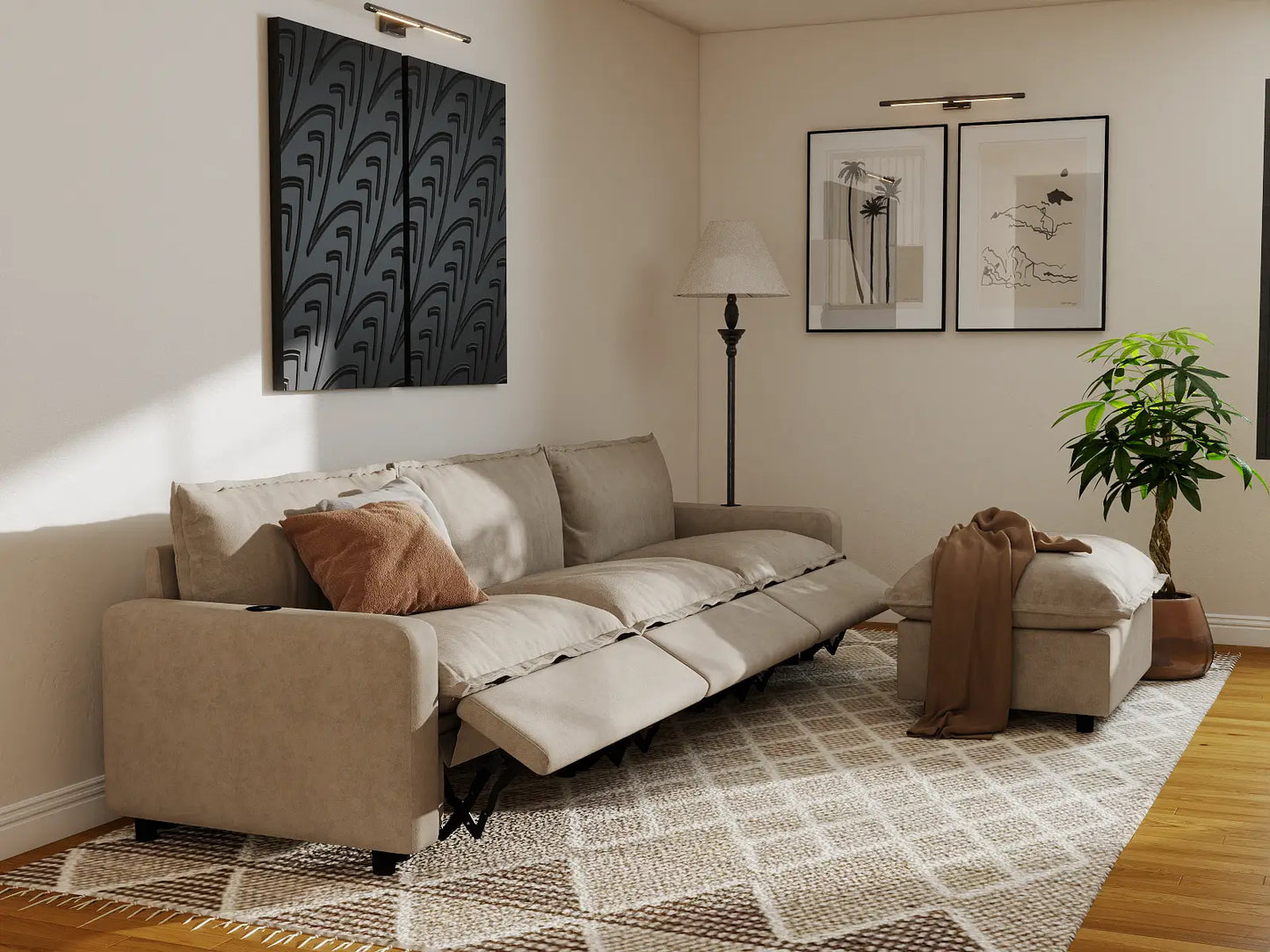 Modular Cero Reclining Sectionals | 4-Piece Khaki Linen Home Living L-Shaped Sectionals 3-Seater with 1-Ottoman