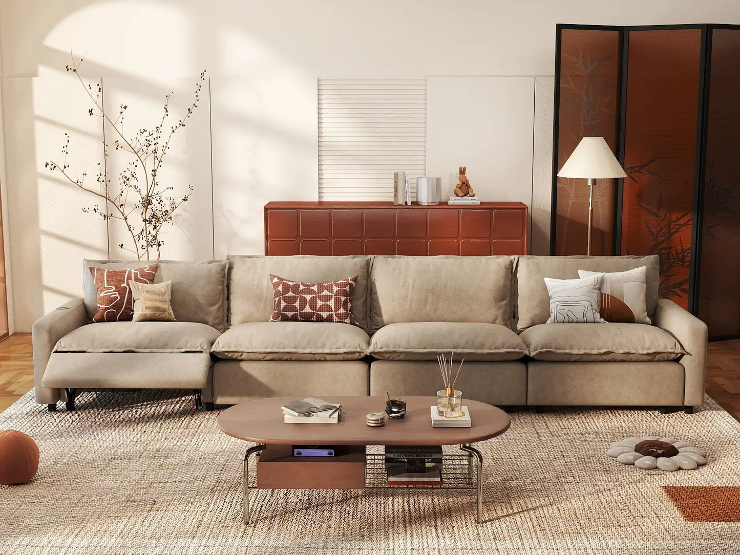 4 Piece Khaki Linen Home Theater Couch Sectionals 4 Seater 1