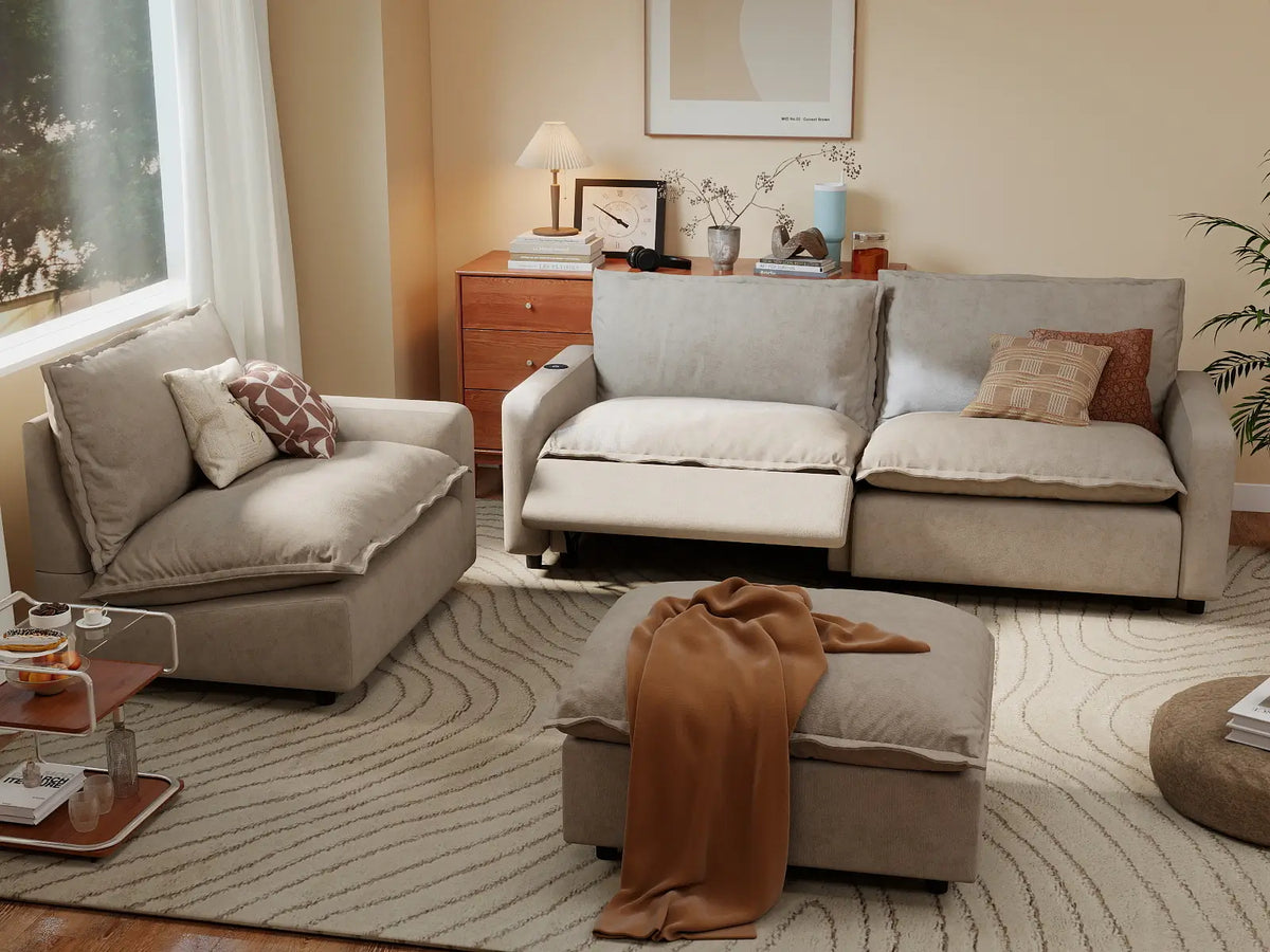 4 Piece Khaki Linen Large Space Chaise Sectionals 3 Seater with 1 Ottoman 1
