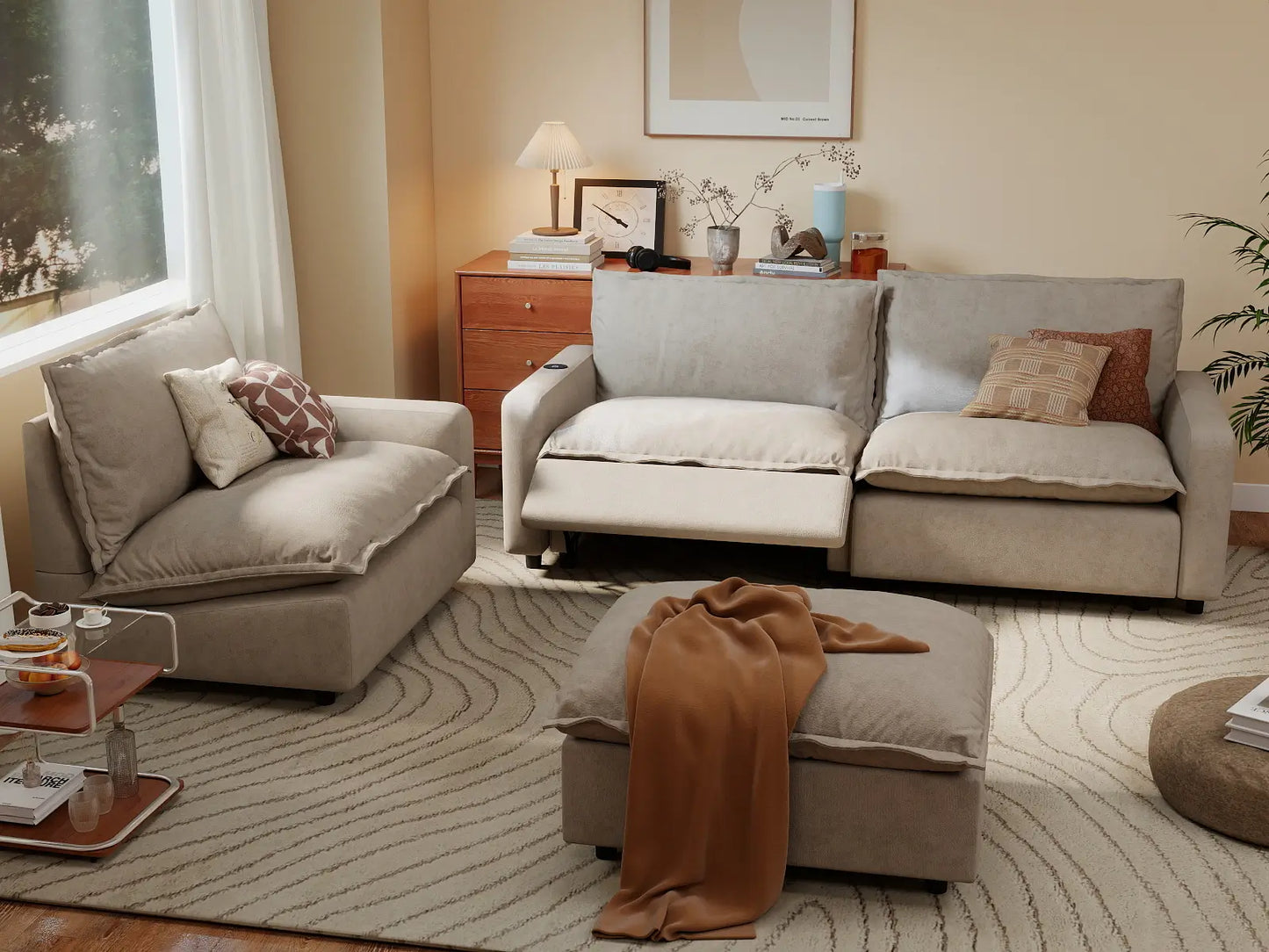 4 Piece Khaki Linen Large Space Chaise Sectionals 3 Seater with 1 Ottoman 1