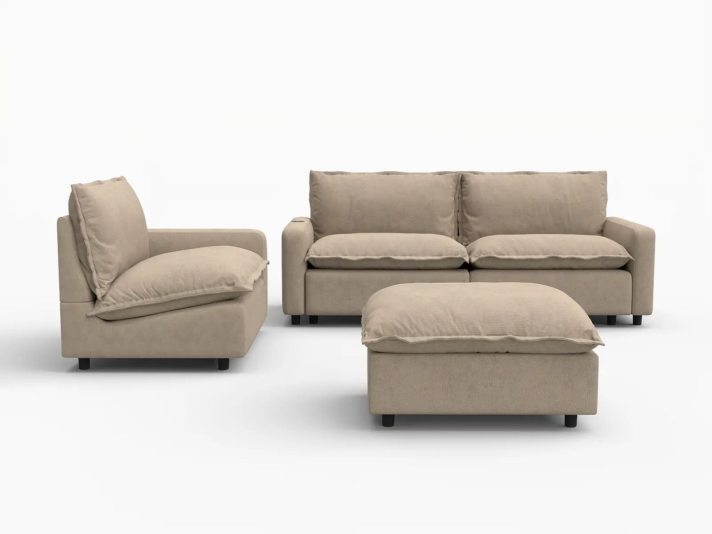 4 Piece Khaki Linen Large Space Chaise Sectionals 3 Seater with 1 Ottoman 2