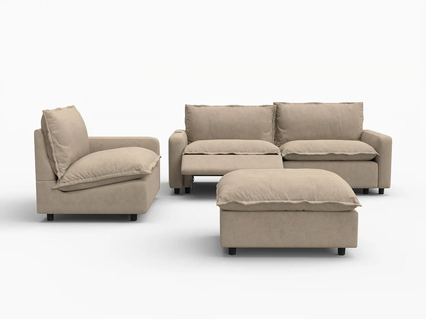 4 Piece Khaki Linen Large Space Chaise Sectionals 3 Seater with 1 Ottoman 3