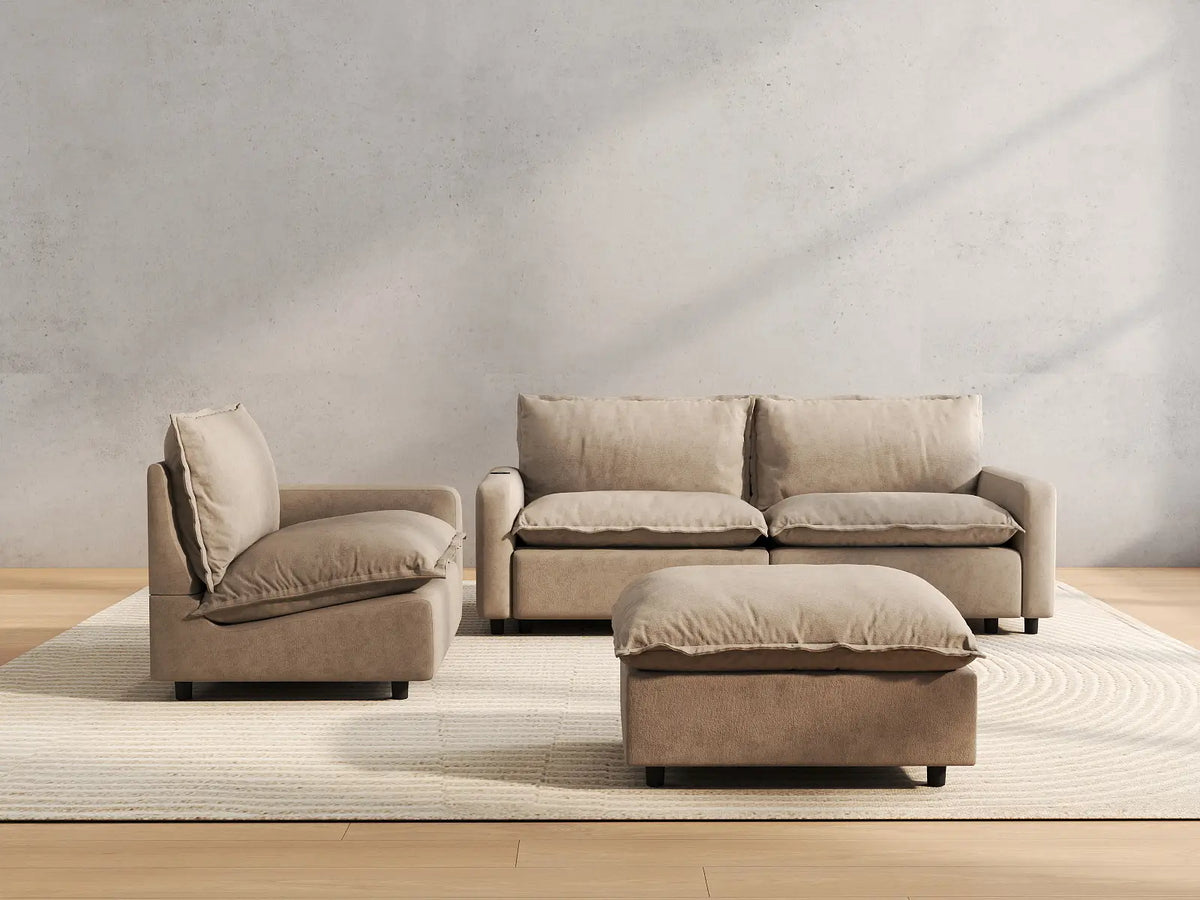 4 Piece Khaki Linen Large Space Chaise Sectionals 3 Seater with 1 Ottoman 4