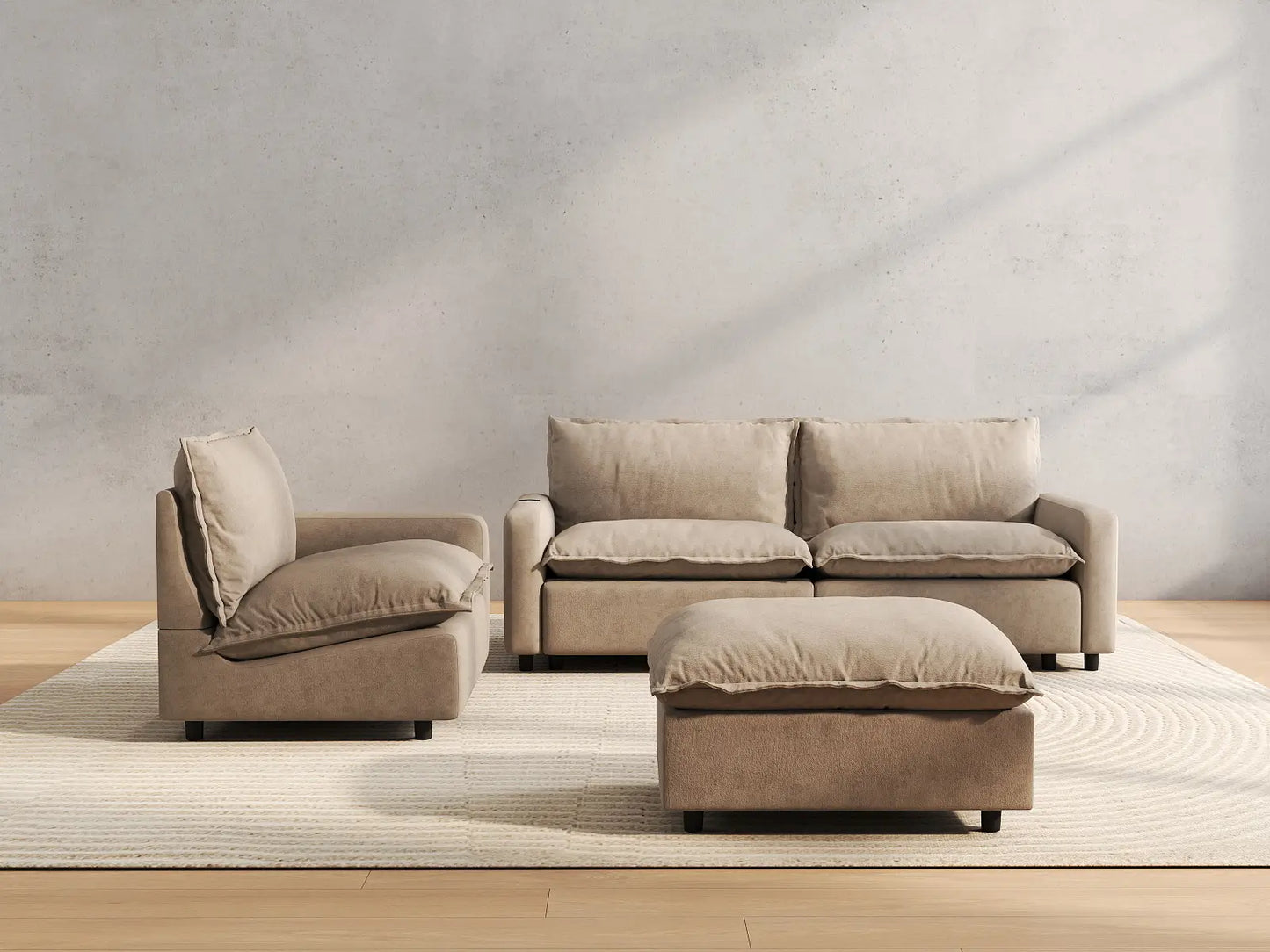 4 Piece Khaki Linen Large Space Chaise Sectionals 3 Seater with 1 Ottoman 4