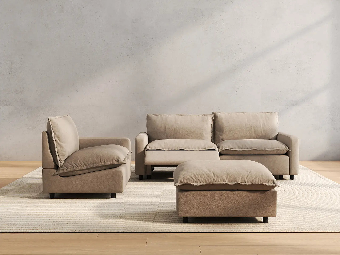 4 Piece Khaki Linen Large Space Chaise Sectionals 3 Seater with 1 Ottoman 5