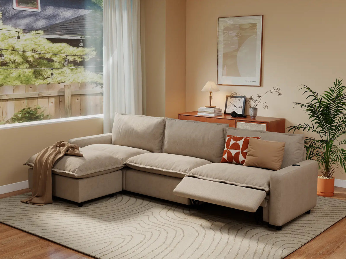 Modular Cero Reclining Sectionals | 4-Piece Khaki Linen Large Space L-Shaped Sectionals 3-Seater with 1-Ottoman