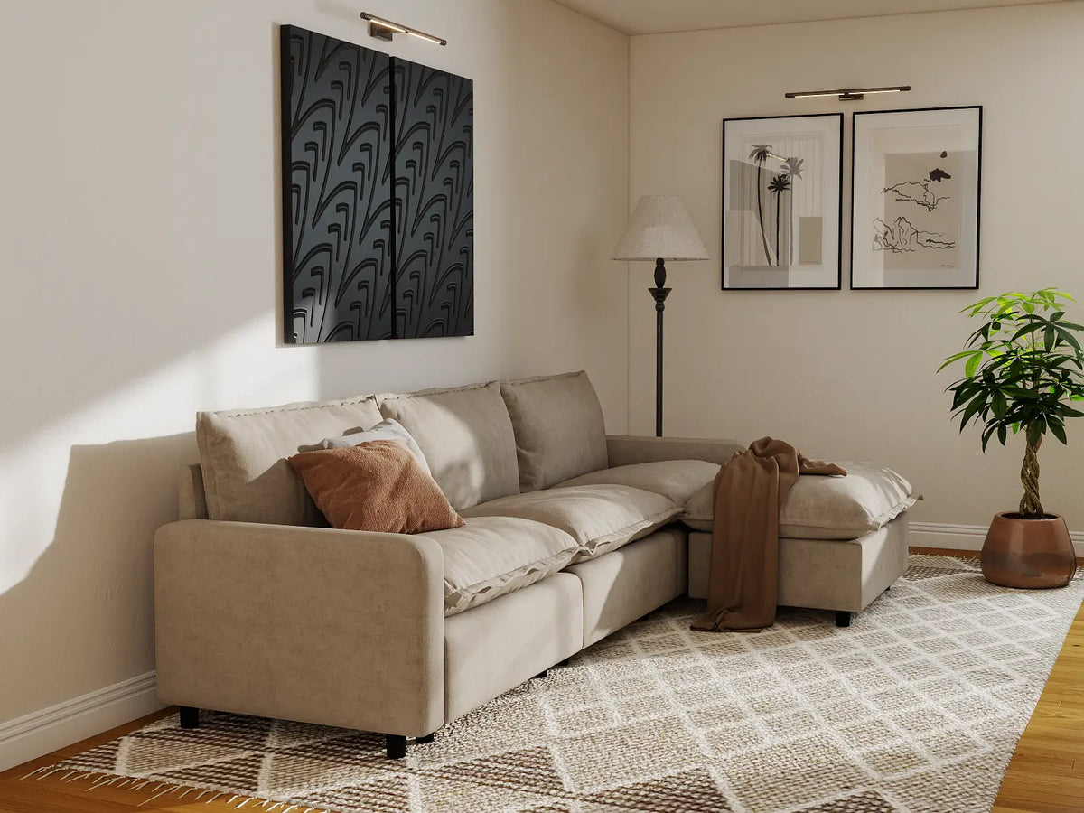 Modular Cero Modular Sectionals | 4-Piece Khaki Linen Large Space L-Shaped Sectionals 3-Seater with 1-Ottoman