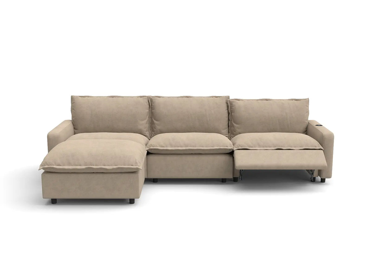 Modular Cero Reclining Sectionals | 4-Piece Khaki Linen Large Space L-Shaped Sectionals 3-Seater with 1-Ottoman