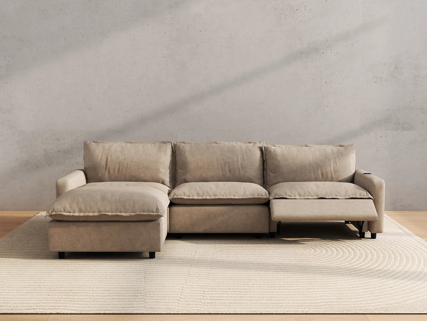 Modular Cero Reclining Sectionals | 4-Piece Khaki Linen Large Space L-Shaped Sectionals 3-Seater with 1-Ottoman