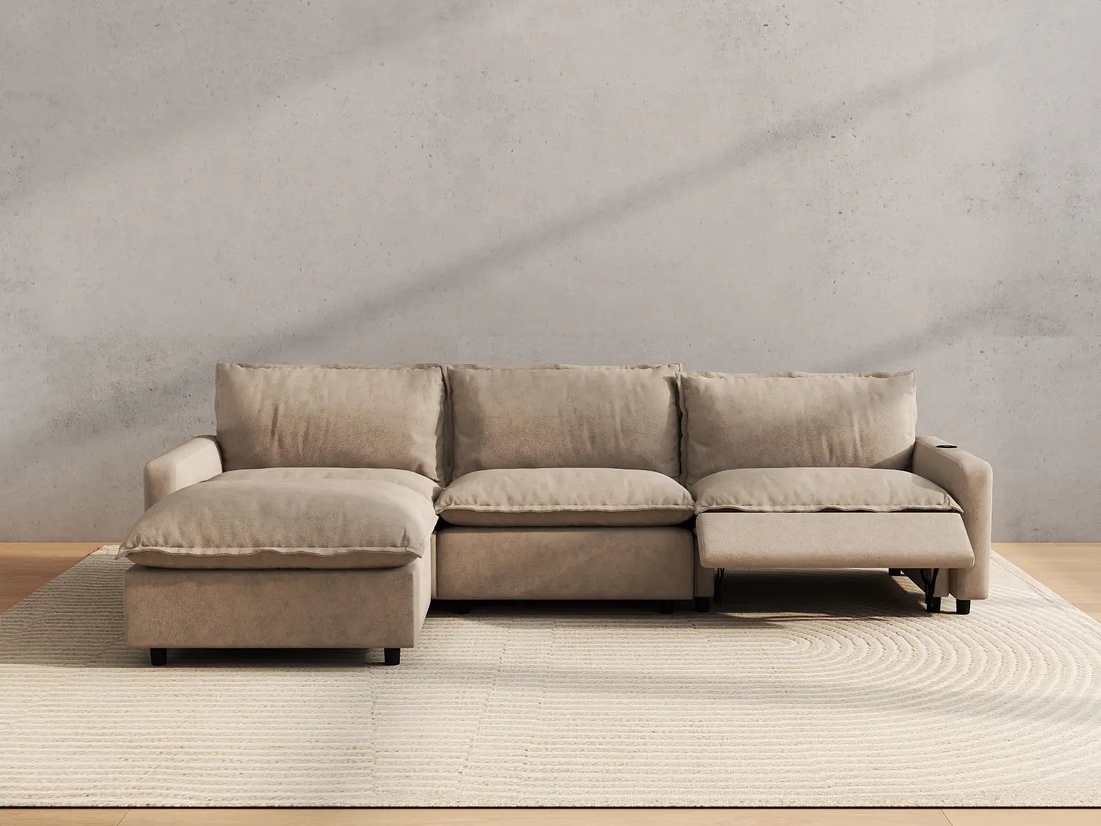 Modular Cero Reclining Sectional with Chaise Lounge | 4-Piece Khaki Linen Large Space L-Shaped Sectionals 3-Seater with 1-Ottoman