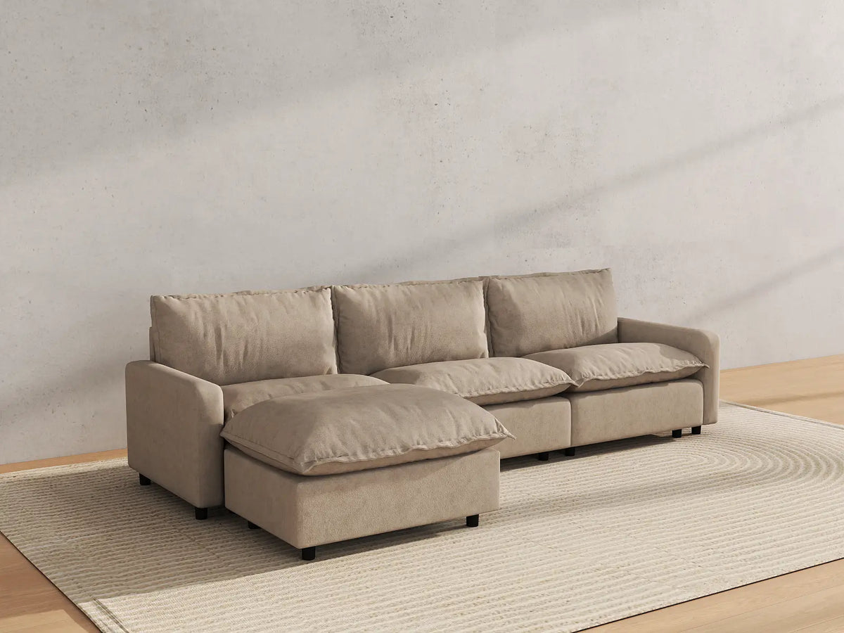 Modular Cero Modular Sectionals | 4-Piece Khaki Linen Large Space L-Shaped Sectionals 3-Seater with 1-Ottoman