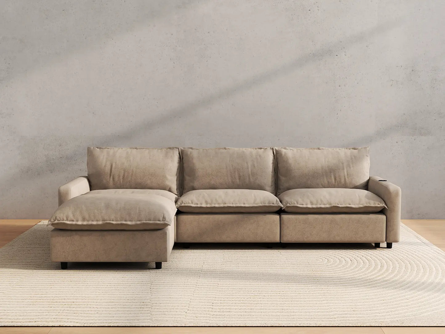 Modular Cero Reclining Sectionals | 4-Piece Khaki Linen Large Space L-Shaped Sectionals 3-Seater with 1-Ottoman
