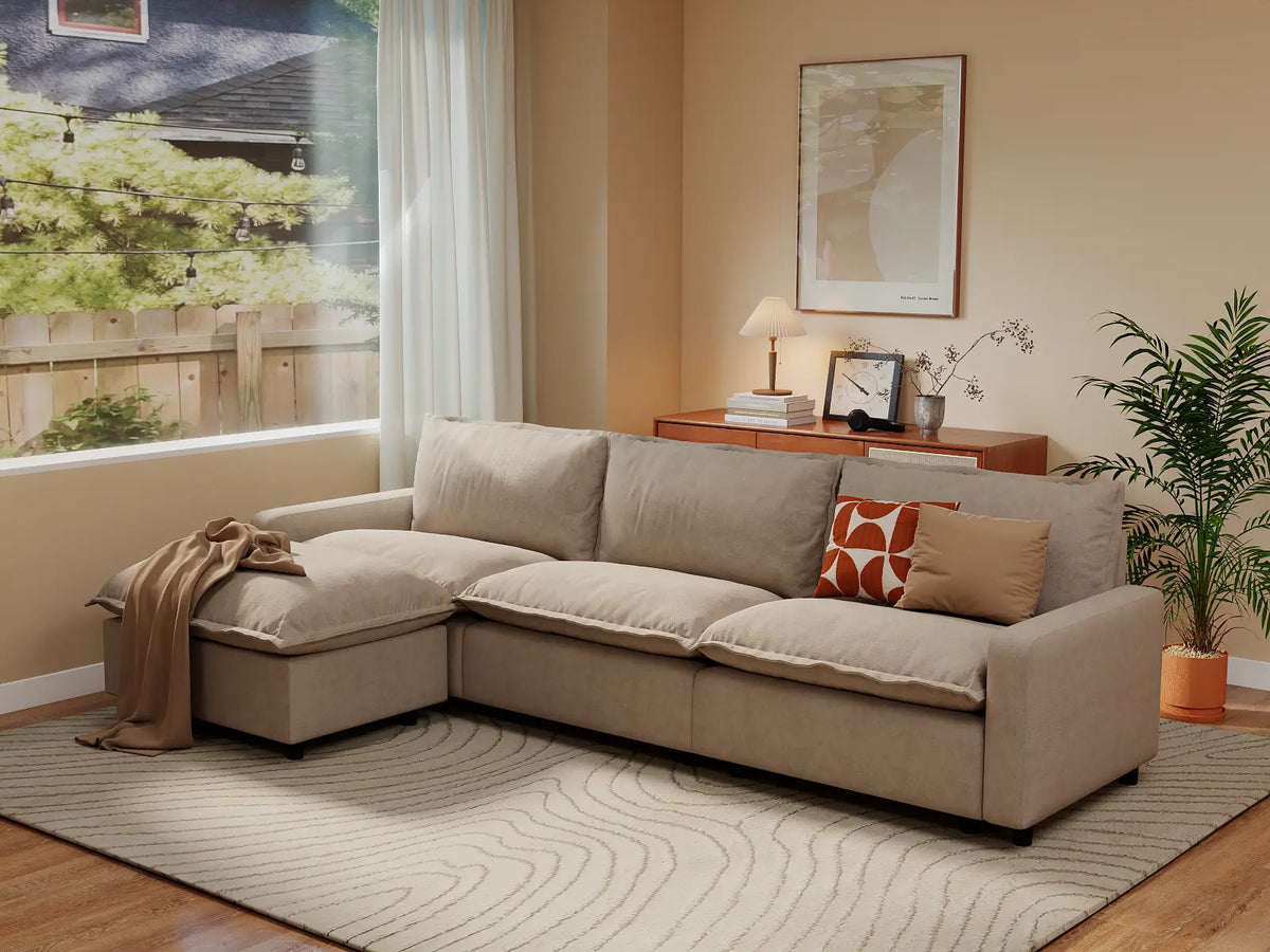 Modular Cero Modular Sectionals | 4-Piece Khaki Linen Large Space L-Shaped Sectionals 3-Seater with 1-Ottoman