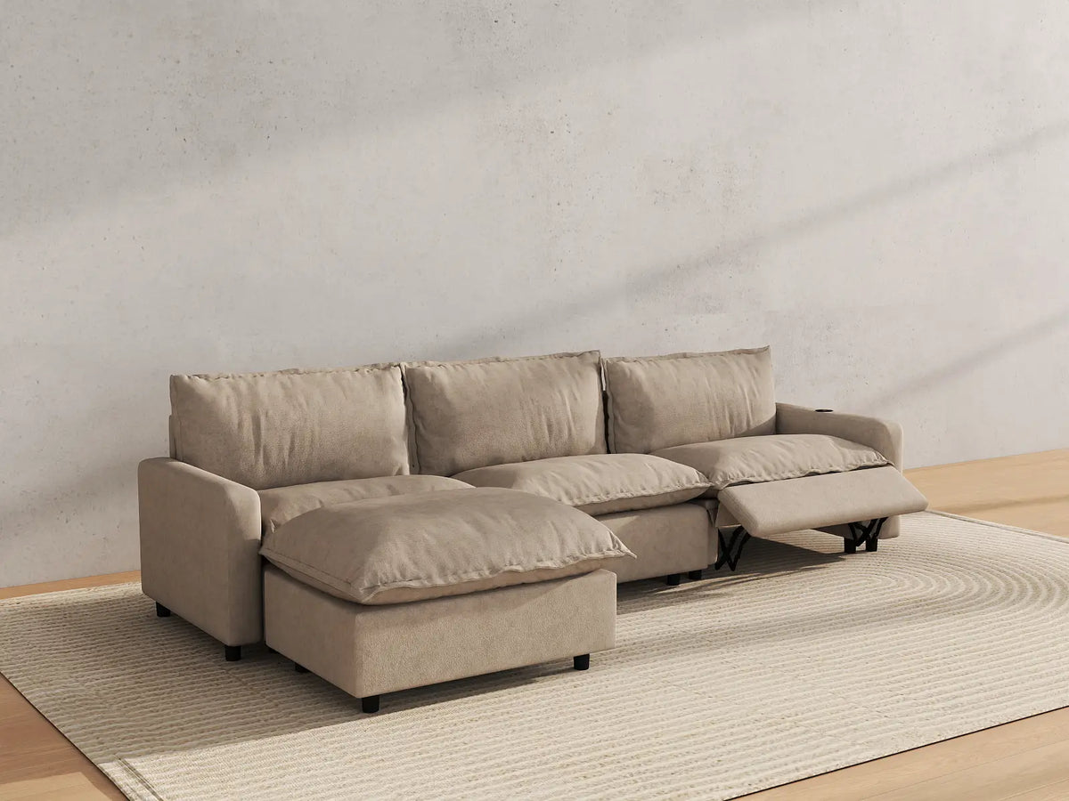 Modular Cero Reclining Sectionals | 4-Piece Khaki Linen Large Space L-Shaped Sectionals 3-Seater with 1-Ottoman
