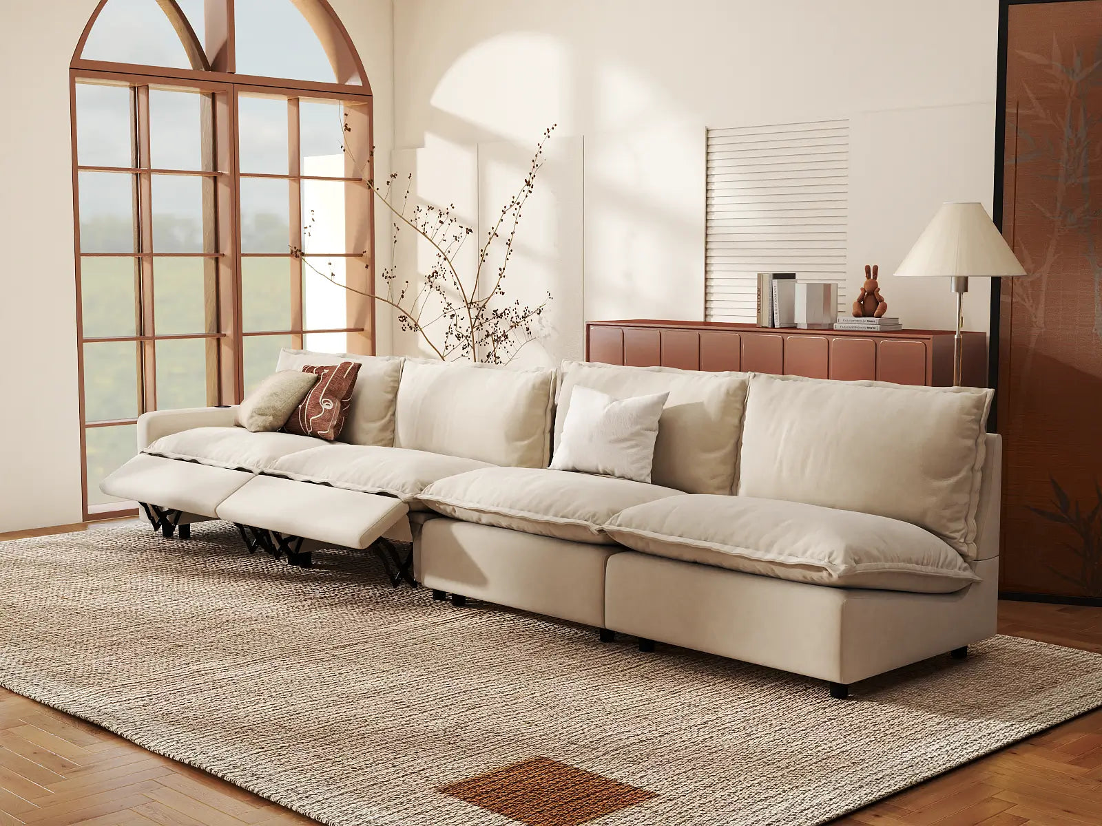 Modular Cero Sectional Couch with Recliner | 4-Piece Beige Linen Home Living Couch Sectionals 4-Seater