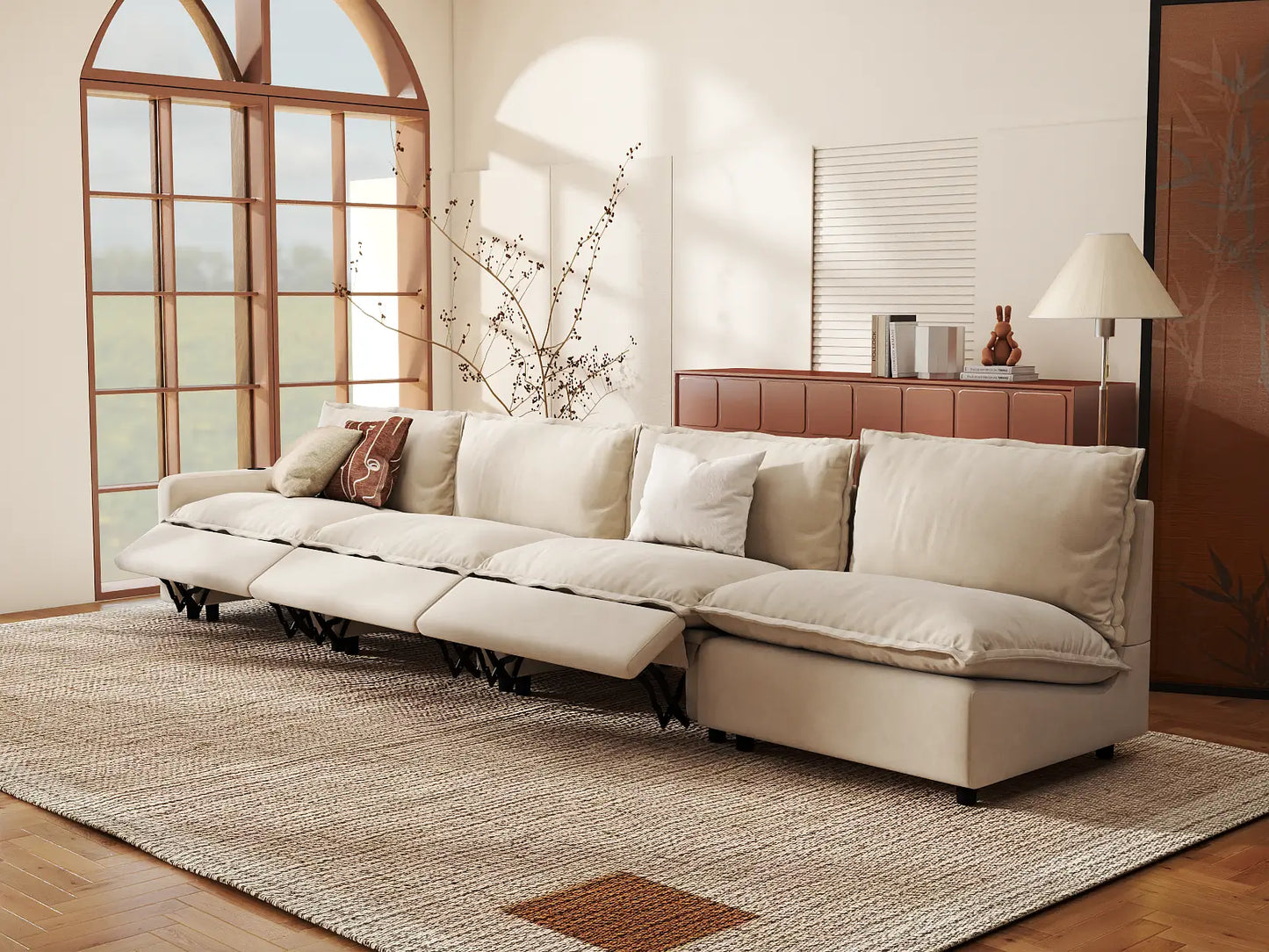 Modular Cero Reclining Sectionals | 4-Piece Beige Linen Home Living Couch Sectionals 4-Seater