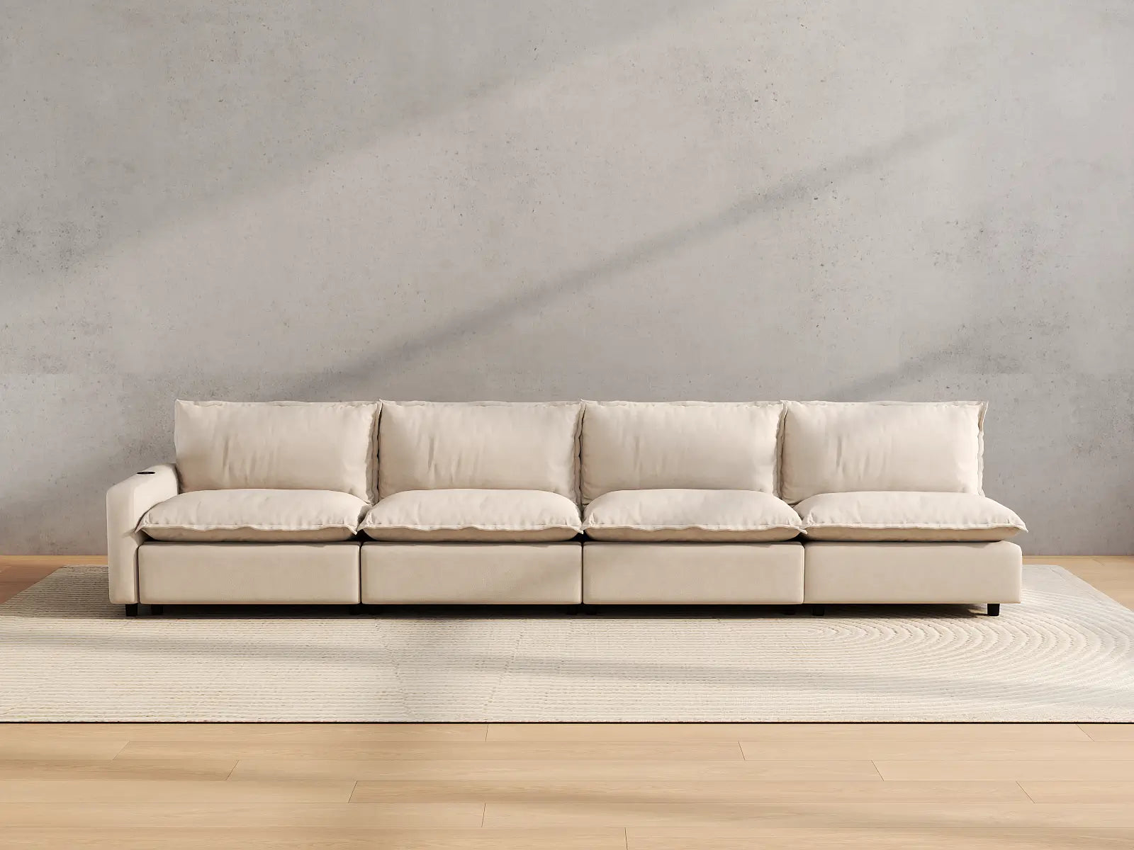 Modular Cero Large Sectional Couch with Recliner | 4-Piece Beige Linen Home Living Couch Sectionals 4-Seater