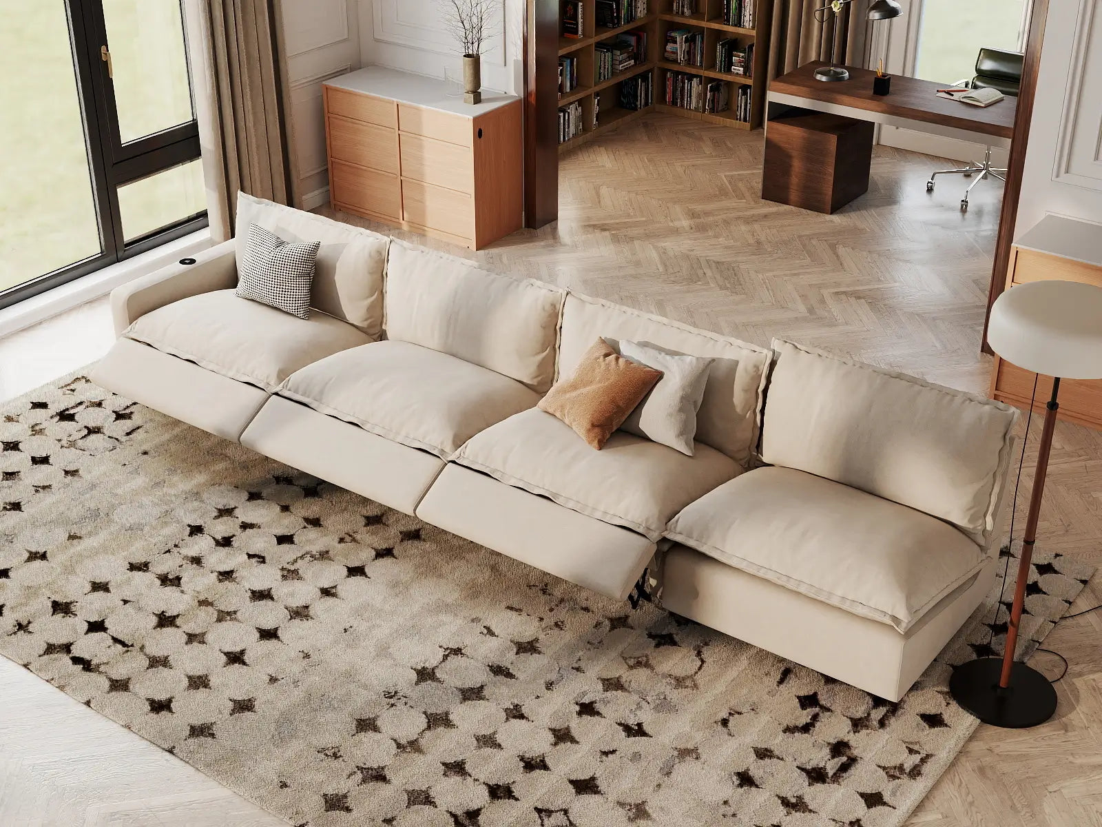 Modular Cero Large Sectional Couch with Recliner | 4-Piece Beige Linen Home Living Couch Sectionals 4-Seater