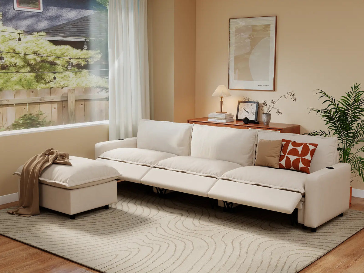 Modular Cero Reclining Sectionals | 4-Piece Beige Linen Home Living L-Shaped Sectionals 3-Seater with 1-Ottoman