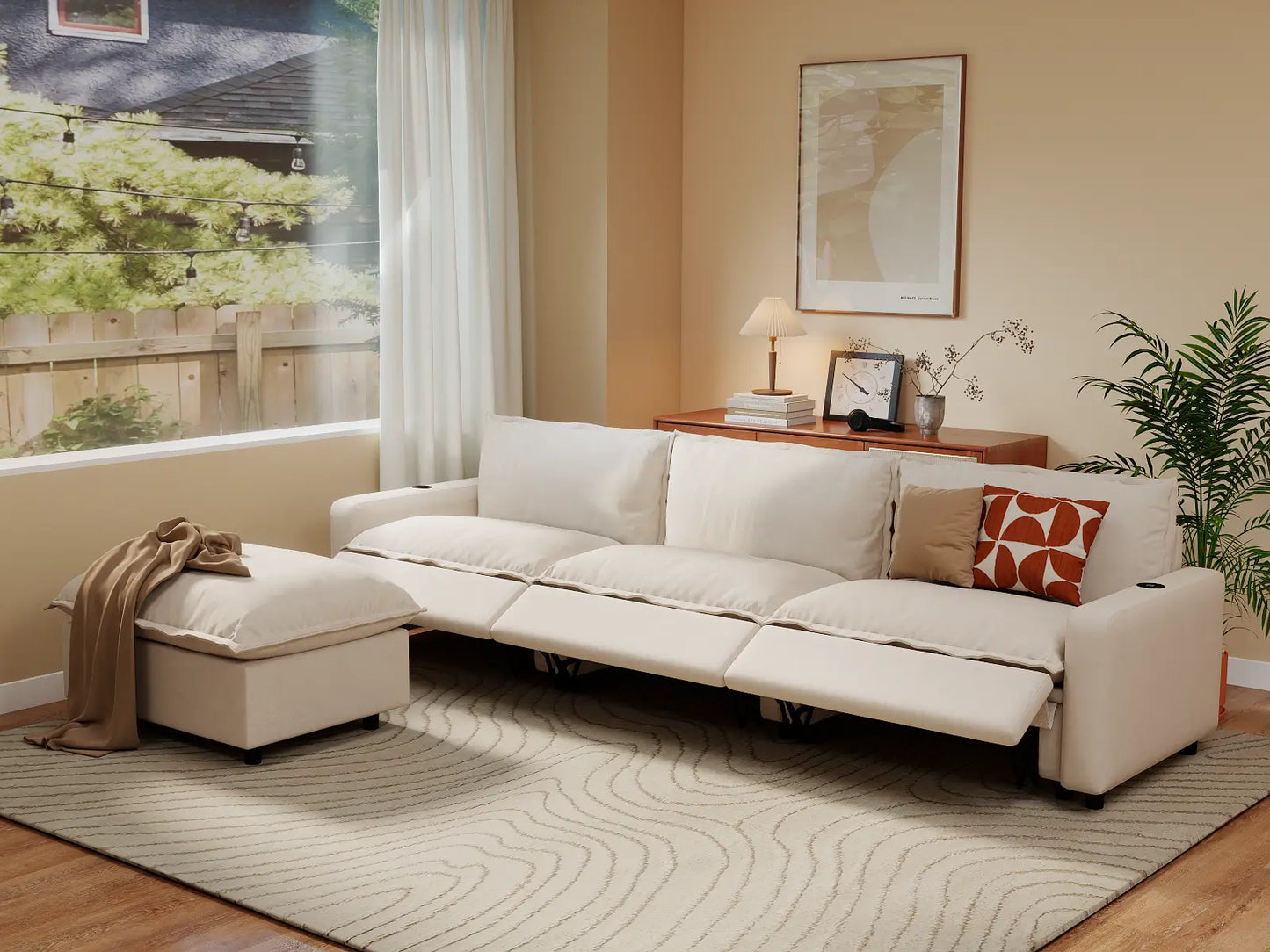 Modular Cero Reclining Sectionals | 4-Piece Beige Linen Home Living L-Shaped Sectionals 3-Seater with 1-Ottoman