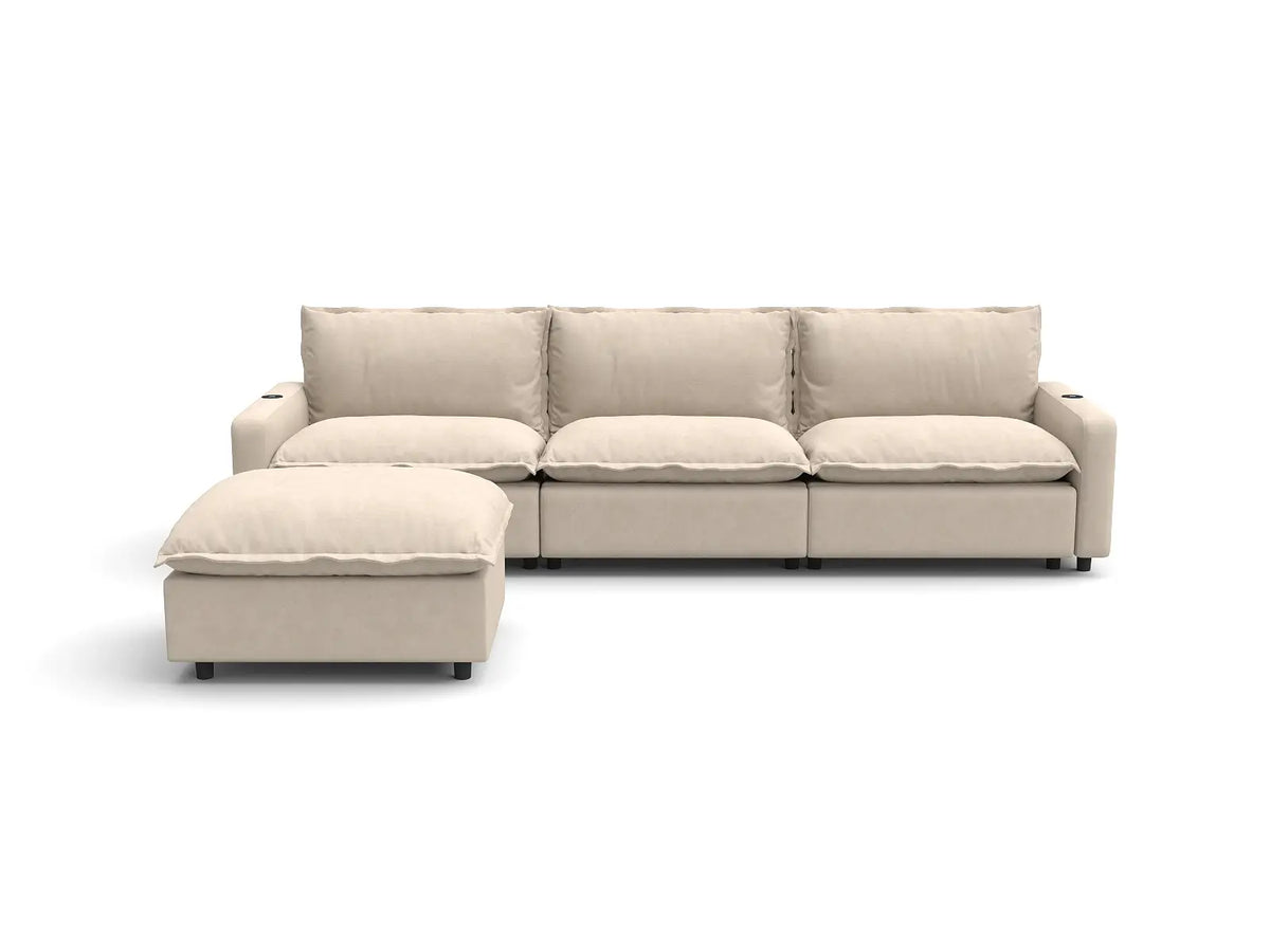 Modular Cero Reclining Sectionals | 4-Piece Beige Linen Home Living L-Shaped Sectionals 3-Seater with 1-Ottoman