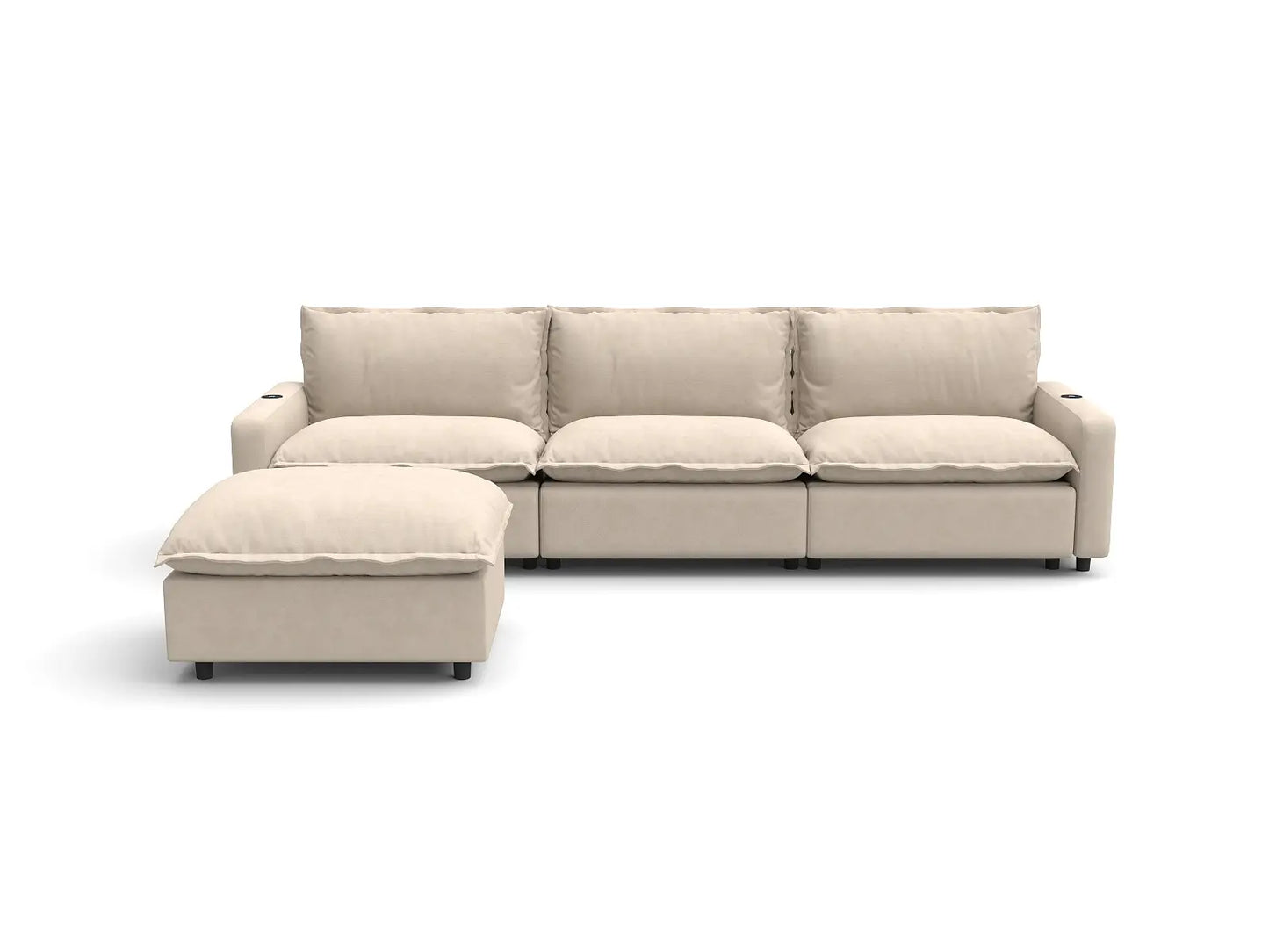 Modular Cero Reclining Sectionals | 4-Piece Beige Linen Home Living L-Shaped Sectionals 3-Seater with 1-Ottoman