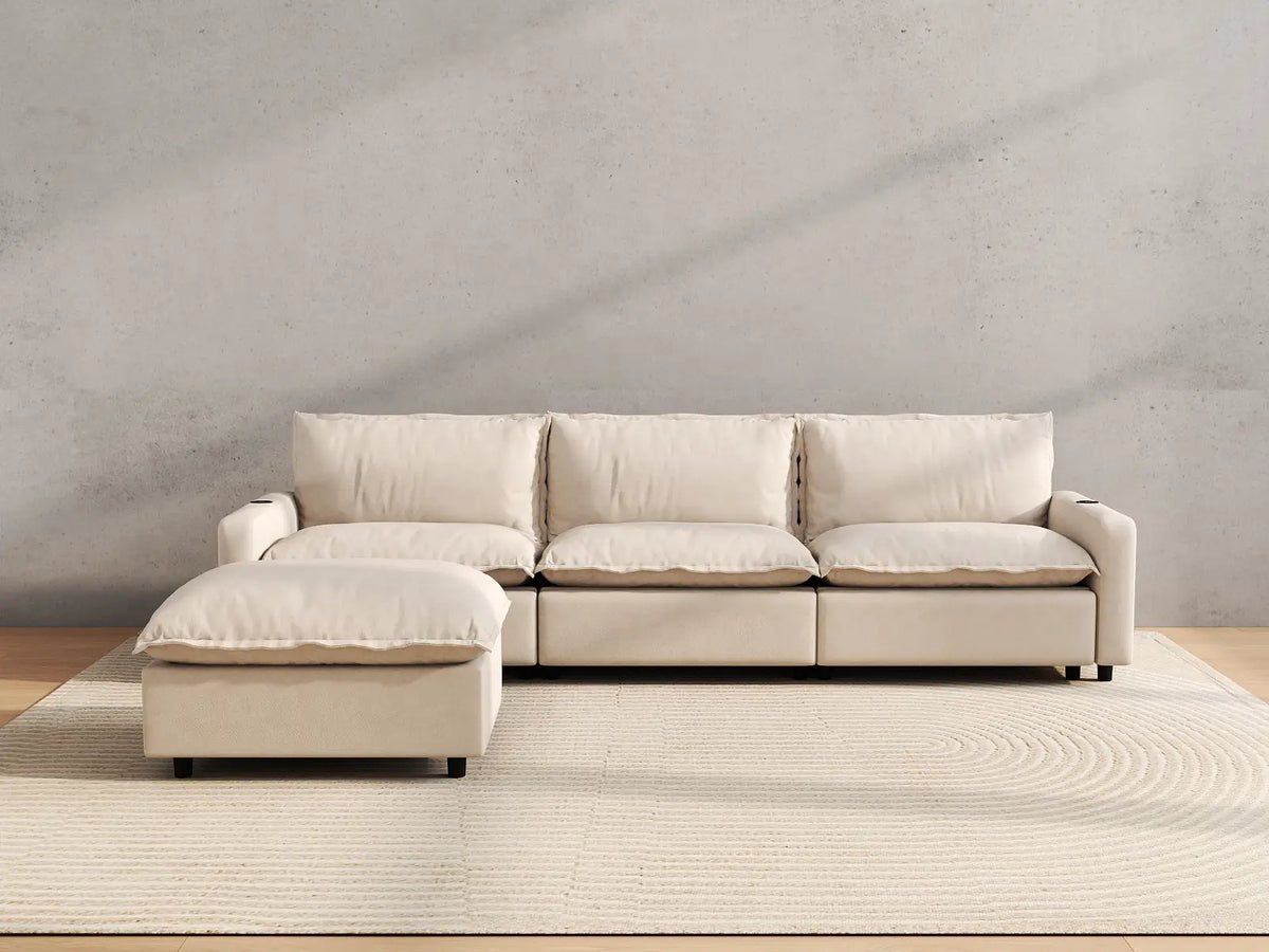 Modular Cero Reclining Sectionals | 4-Piece Beige Linen Home Living L-Shaped Sectionals 3-Seater with 1-Ottoman