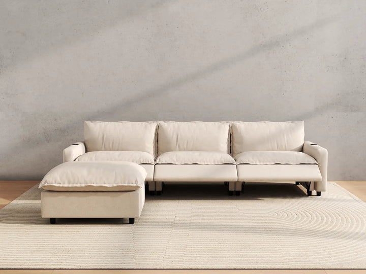 Modular Cero Reclining Chaise Sectional | 4-Piece Beige Linen Home Living L-Shaped Sectionals 3-Seater with 1-Ottoman