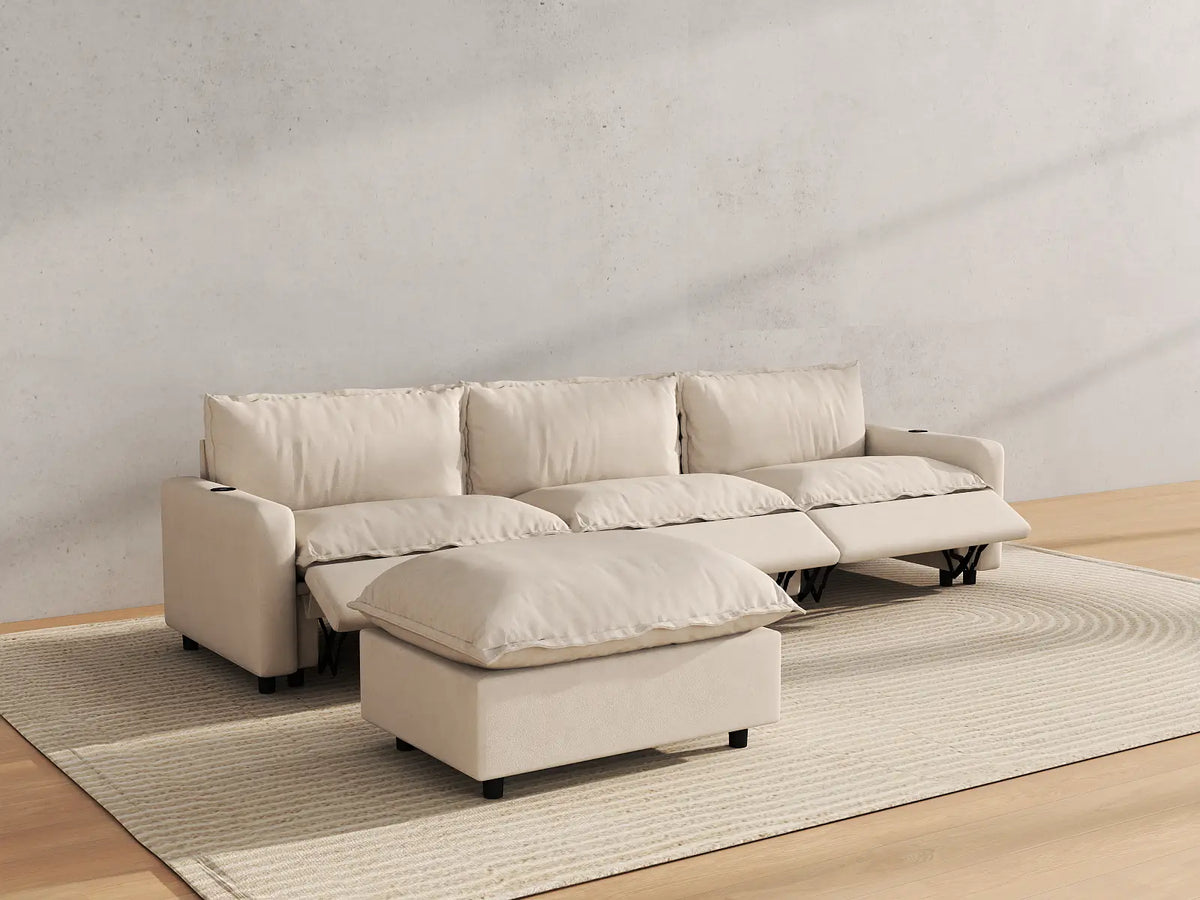Modular Cero Reclining Sectionals | 4-Piece Beige Linen Home Living L-Shaped Sectionals 3-Seater with 1-Ottoman