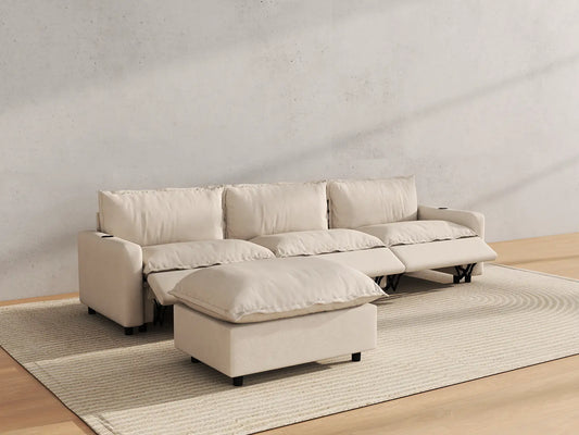 Modular Cero Reclining Sectionals | 4-Piece Beige Linen Home Living L-Shaped Sectionals 3-Seater with 1-Ottoman