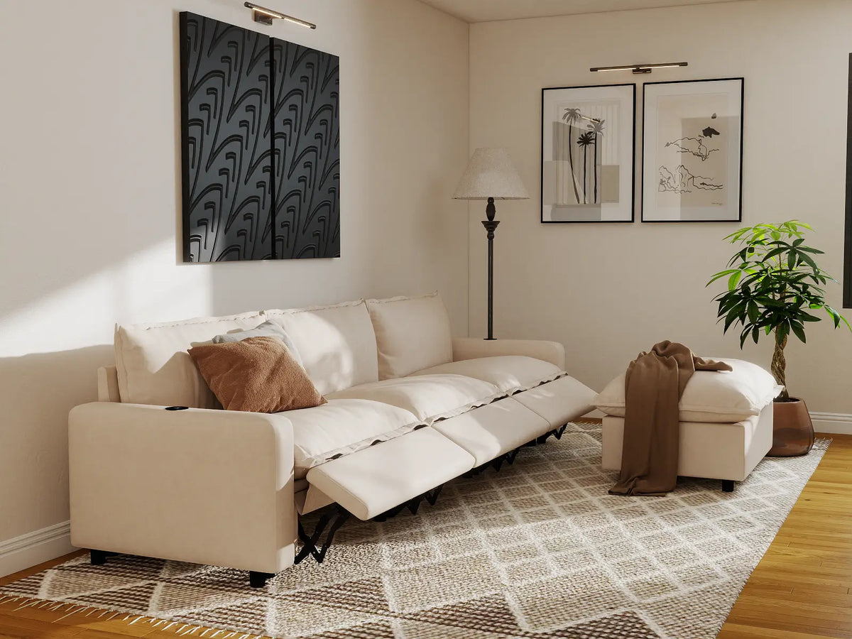 Modular Cero Reclining Sectionals | 4-Piece Beige Linen Home Living L-Shaped Sectionals 3-Seater with 1-Ottoman