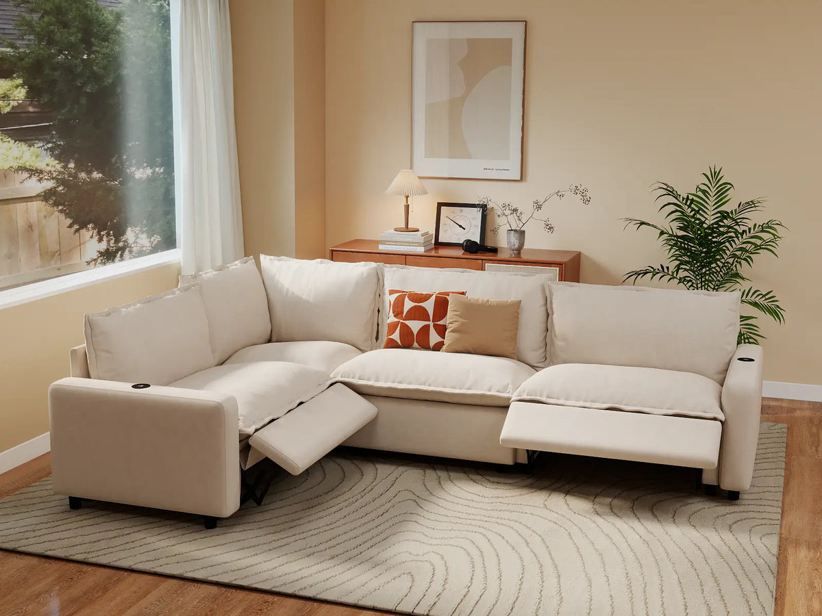 Modular Cero Reclining Sectionals | 4-Piece Beige Linen Home Living L-Shaped Sectionals 4-Seater