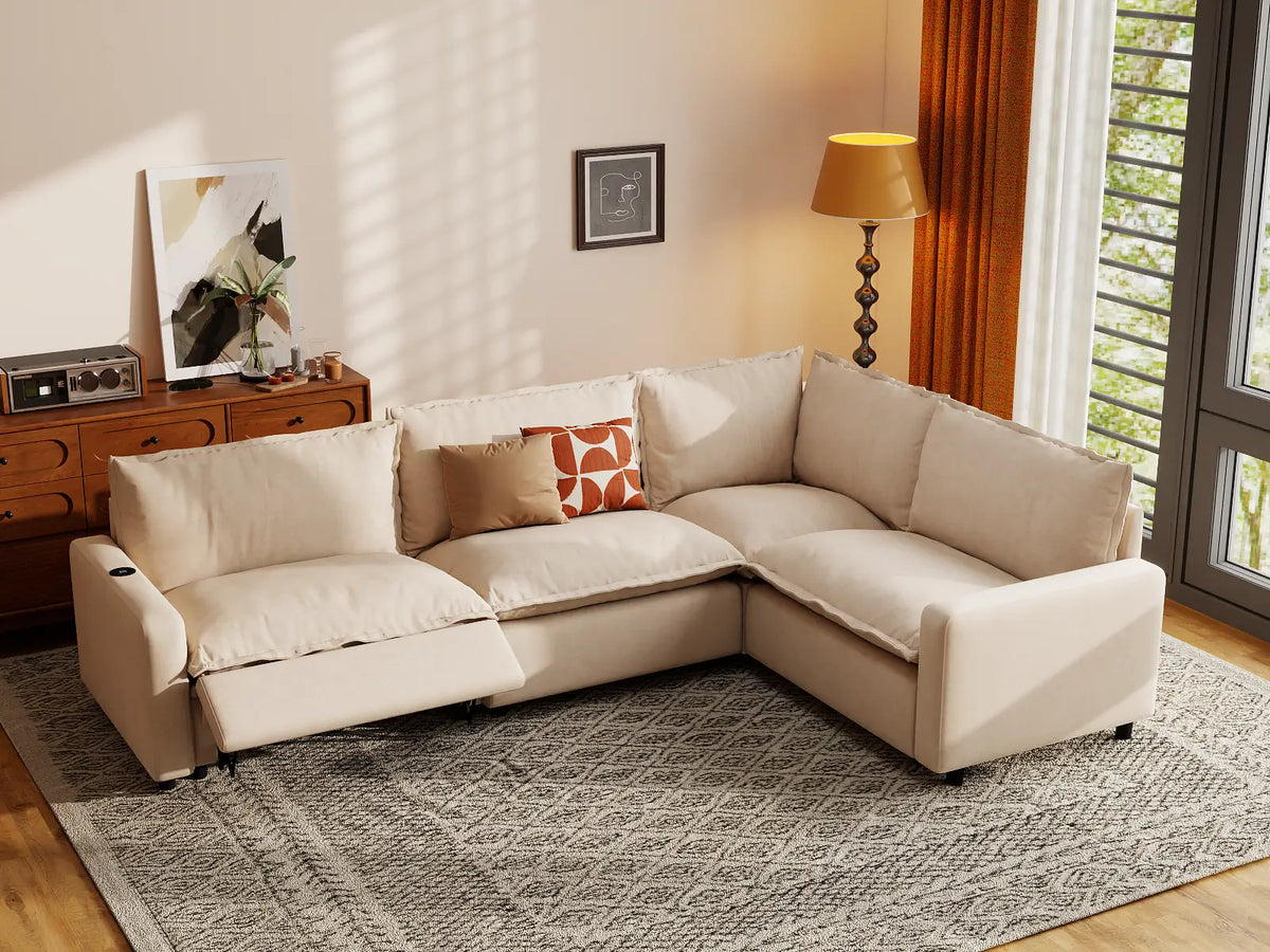 Modular Cero Reclining Sectionals | 4-Piece Beige Linen Home Living L-Shaped Sectionals 4-Seater
