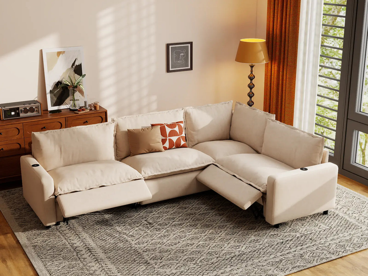 Modular Cero Reclining Sectionals | 4-Piece Beige Linen Home Living L-Shaped Sectionals 4-Seater