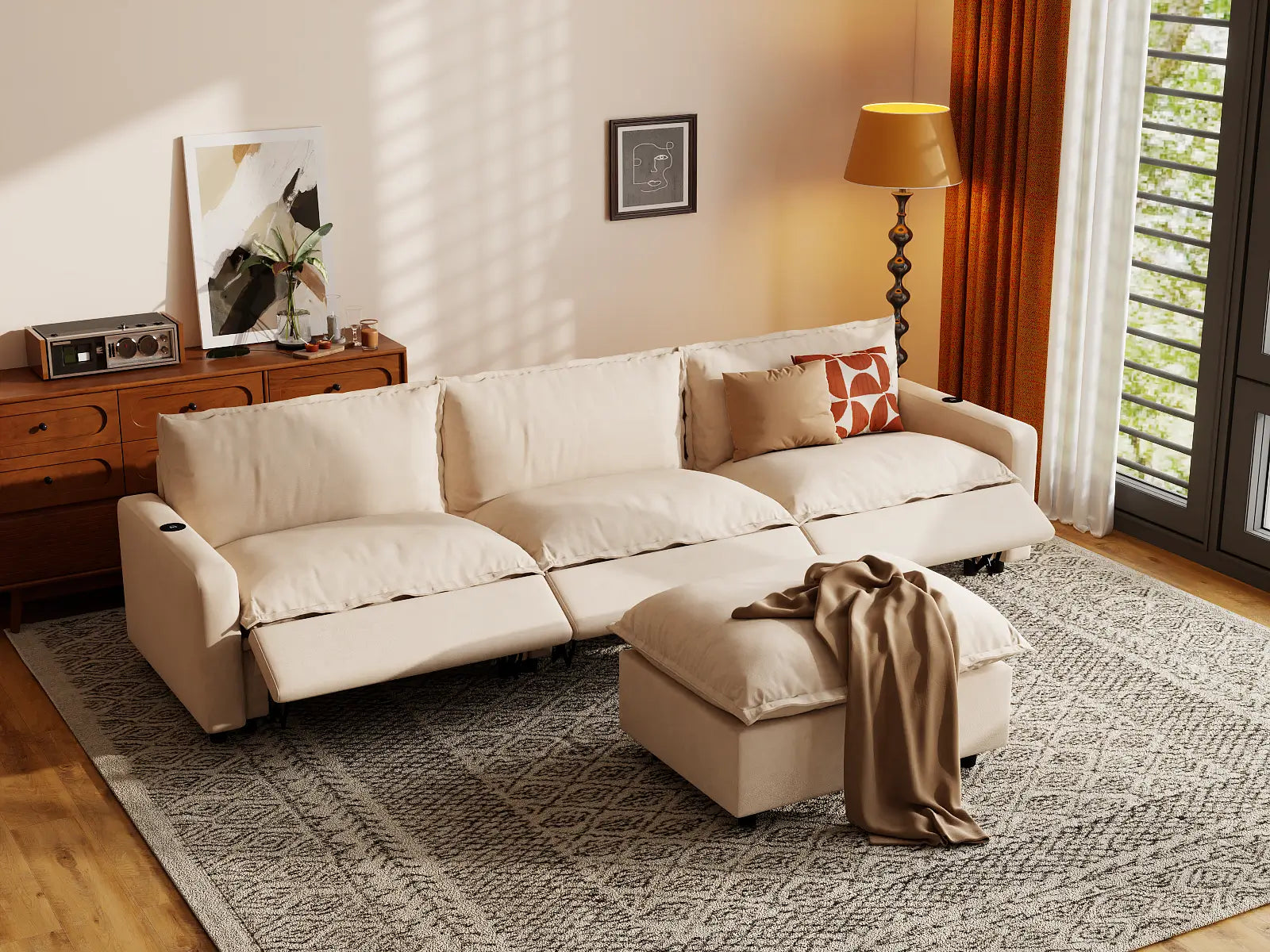 Modular Cero Sectional with Recliner and Chaise | 4-Piece Beige Linen Large Space Chaise Sectionals 3-Seater with 1-Ottoman
