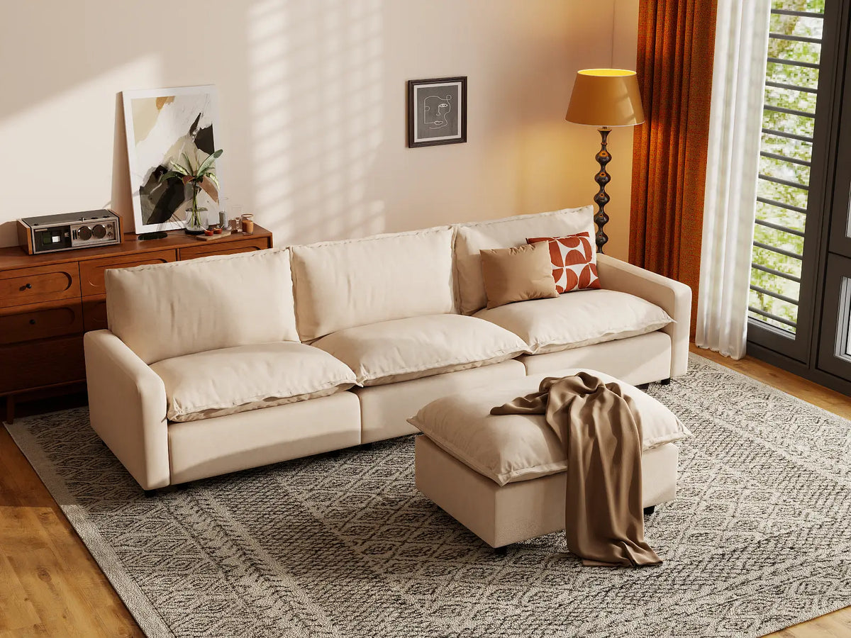 Modular Cero Modular Sectionals | 4-Piece Beige Linen Large Space Chaise Sectionals 3-Seater with 1-Ottoman