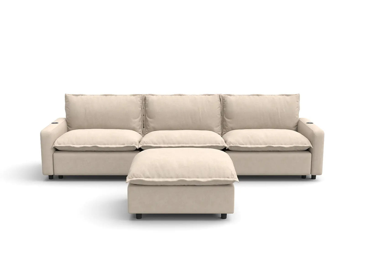 Modular Cero Reclining Sectionals | 4-Piece Beige Linen Large Space Chaise Sectionals 3-Seater with 1-Ottoman