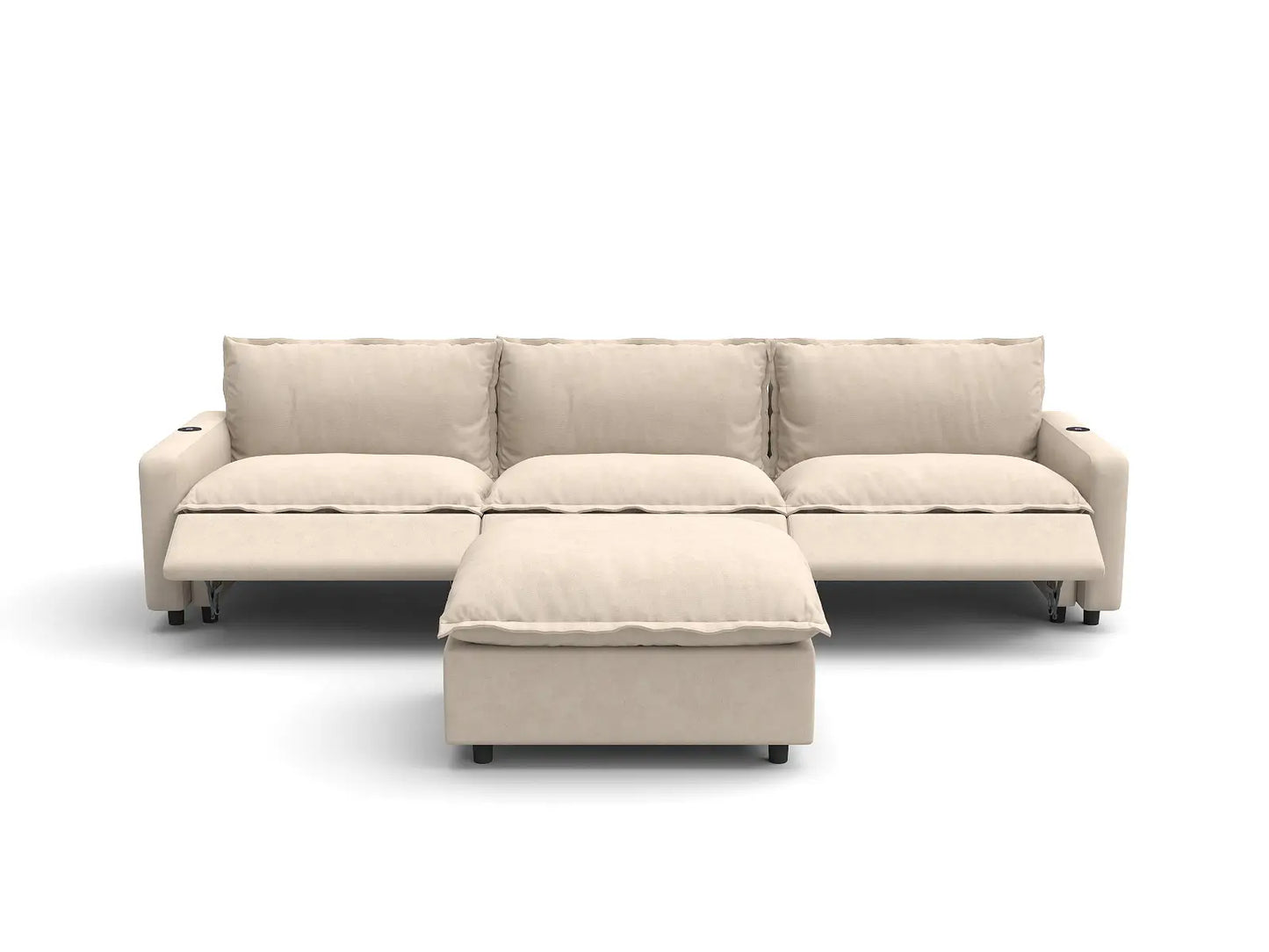 Modular Cero Sectional with Recliner and Chaise | 4-Piece Beige Linen Large Space Chaise Sectionals 3-Seater with 1-Ottoman