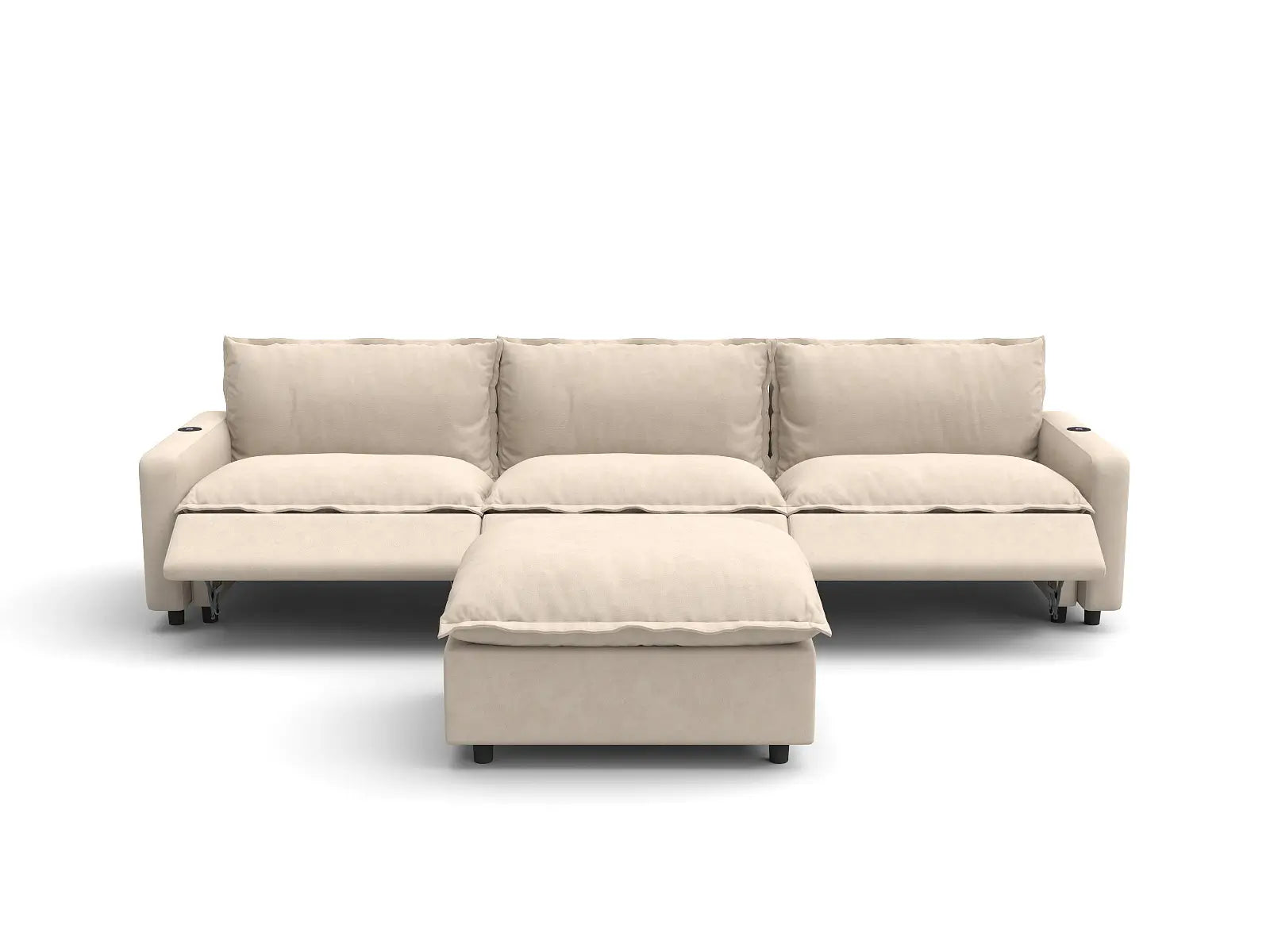 Modular Cero Sectional with Recliner and Chaise | 4-Piece Beige Linen Large Space Chaise Sectionals 3-Seater with 1-Ottoman